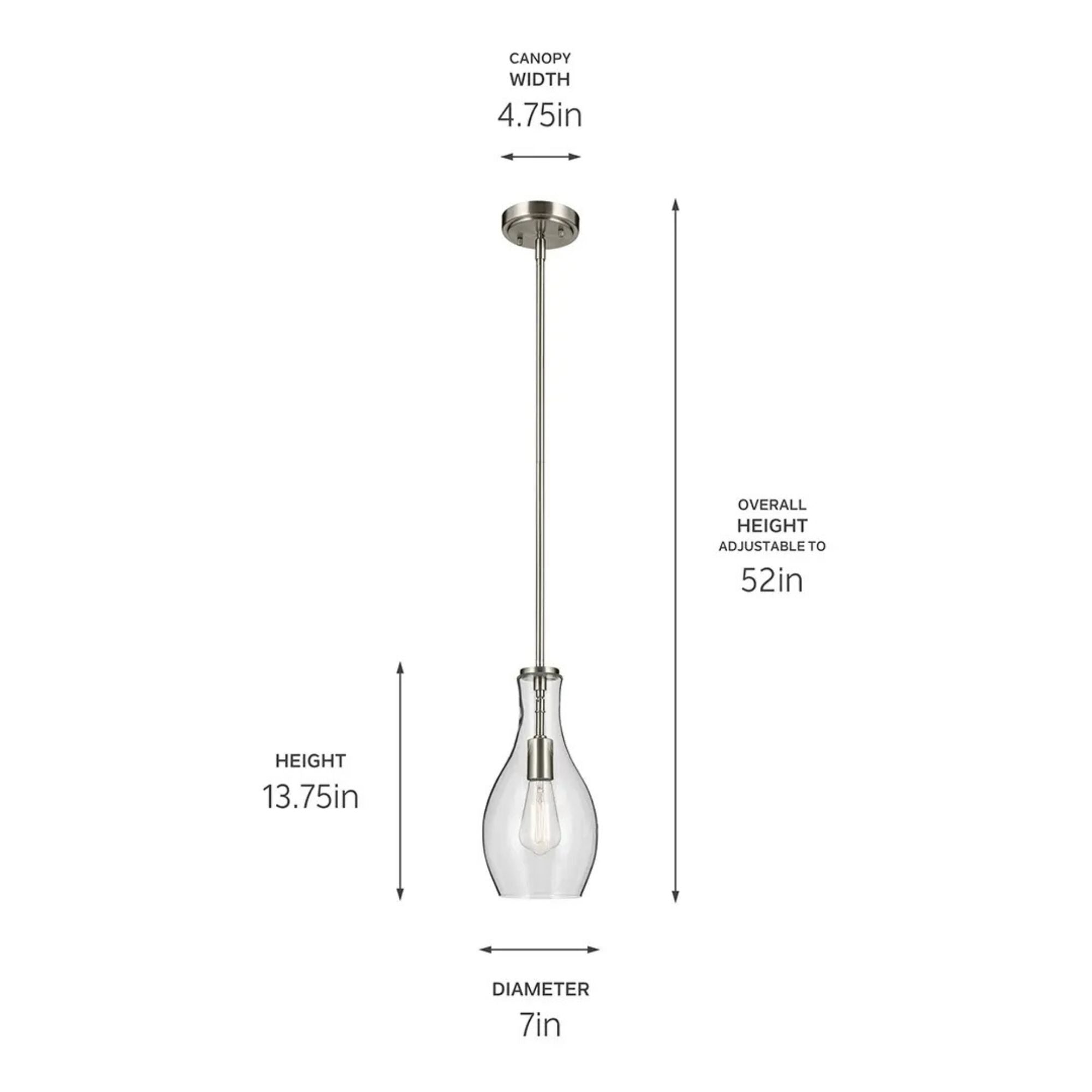 Everly 7" Pendant, Brushed Nickel Finish, Clear Glass