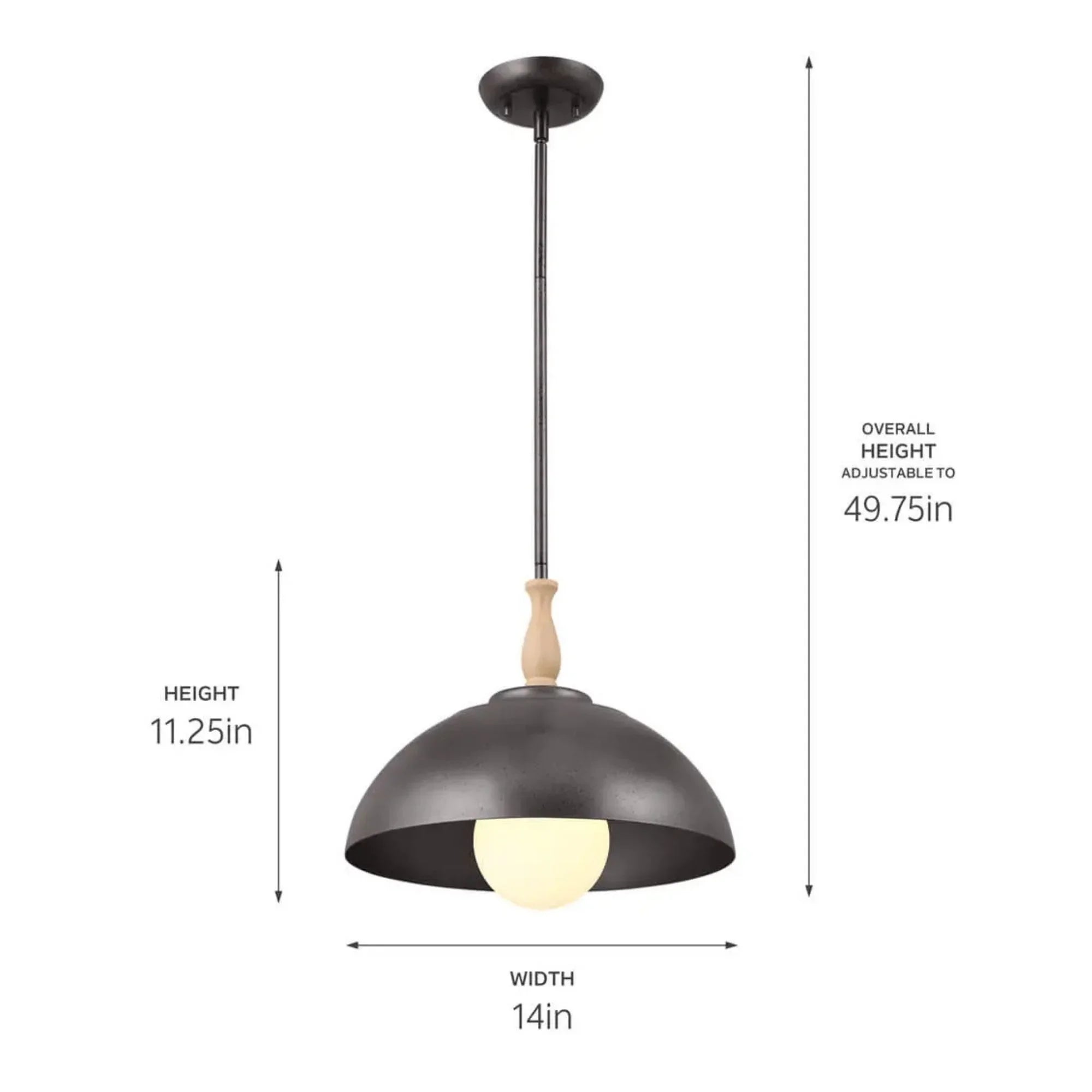 Kichler Fira 11.25 in. 1-Light Pendant, Anvil Iron & Beech with Metal Dome Shade