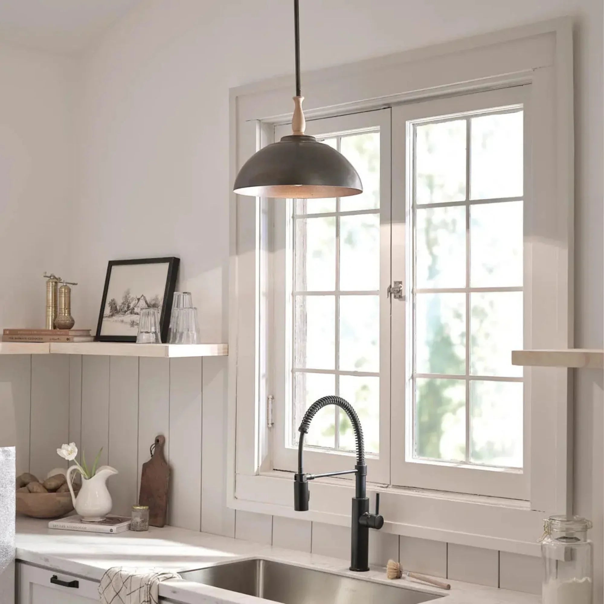 Kichler Fira 13.75 in. 1-Light Pendant, Anvil Iron & Beech