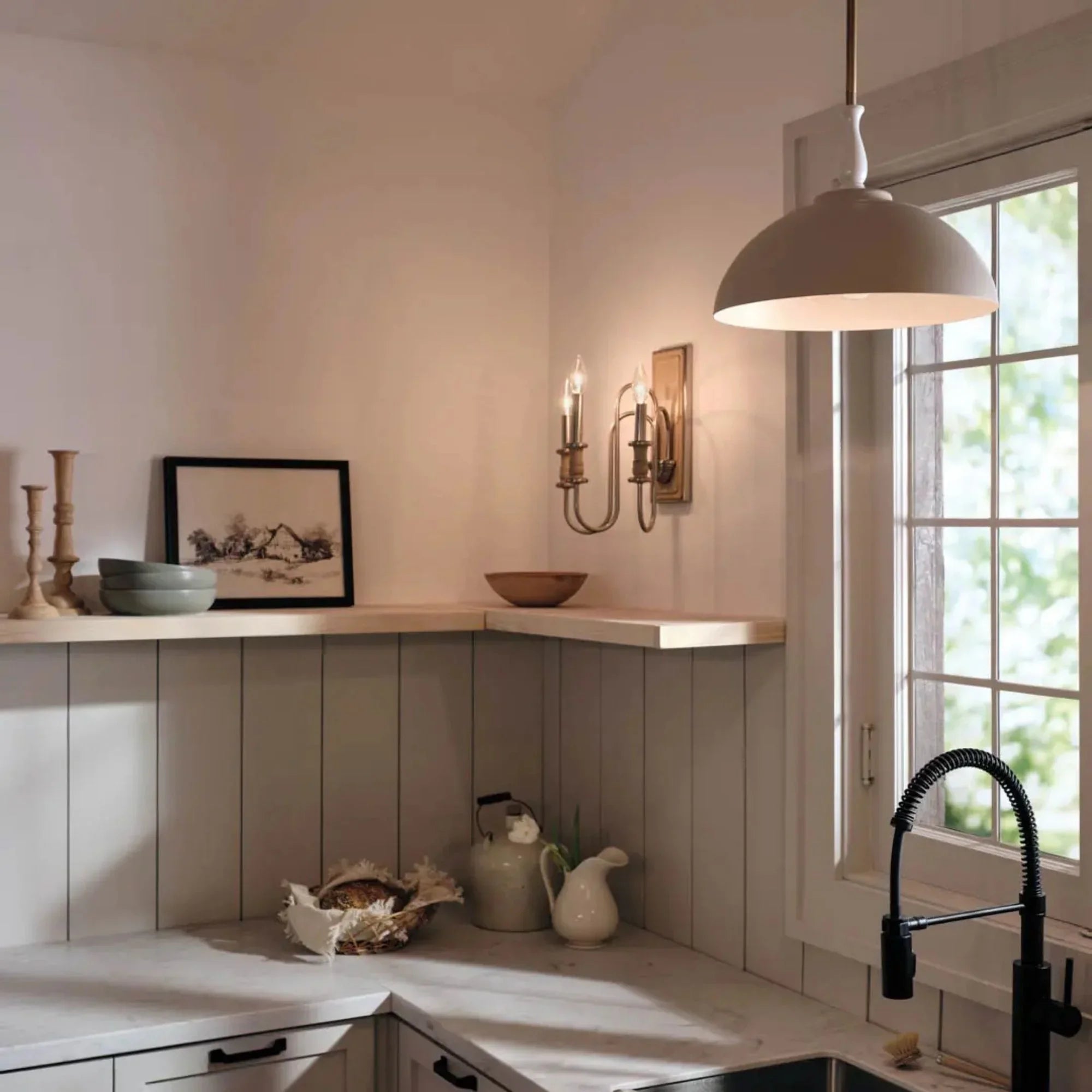Kichler Fira 13.75 in. 1-Light Pendant, Greige & Natural Brass with Metal Dome Shade