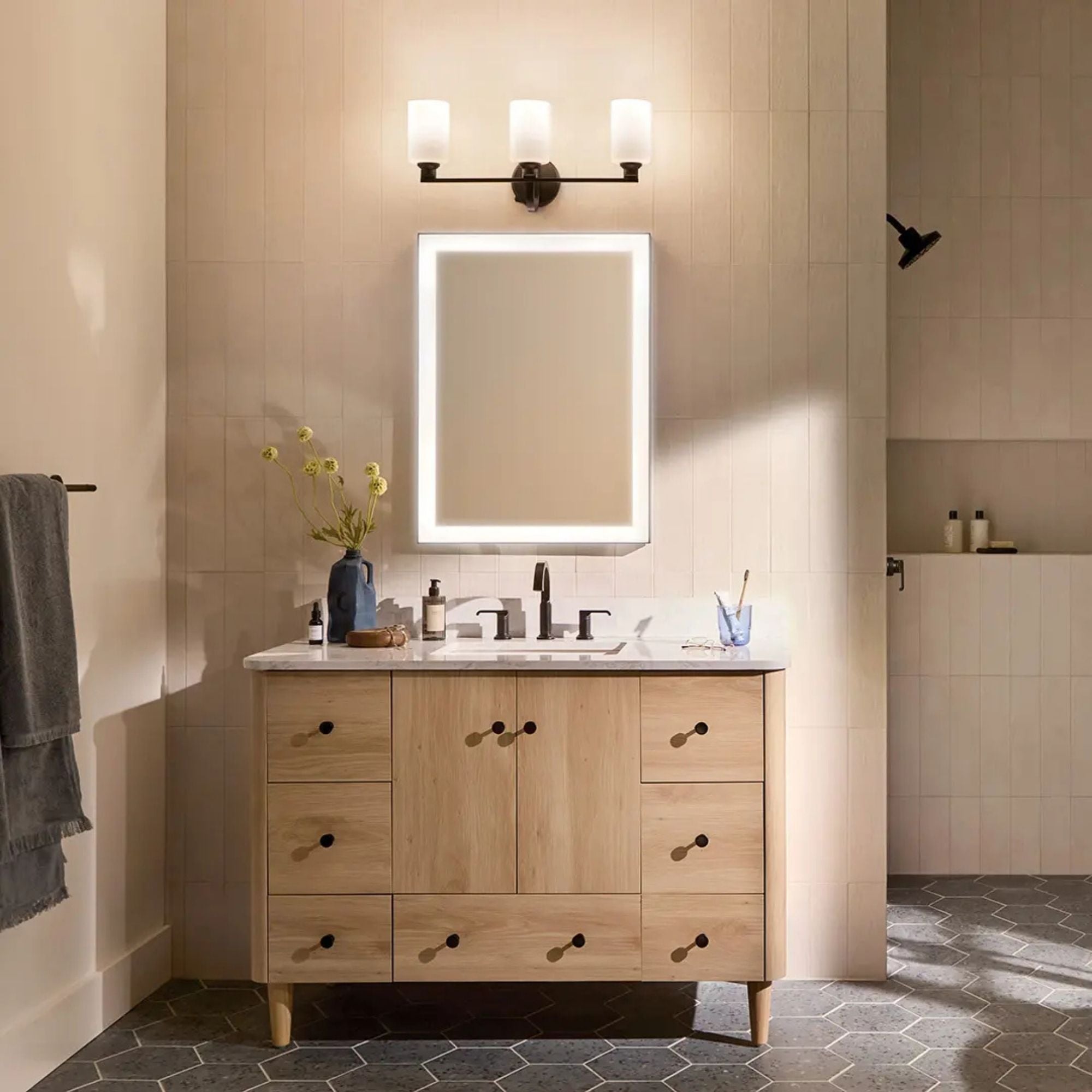 Gioe 24" 3-Light Bath Vanity Light, Black Finish Etched Glass