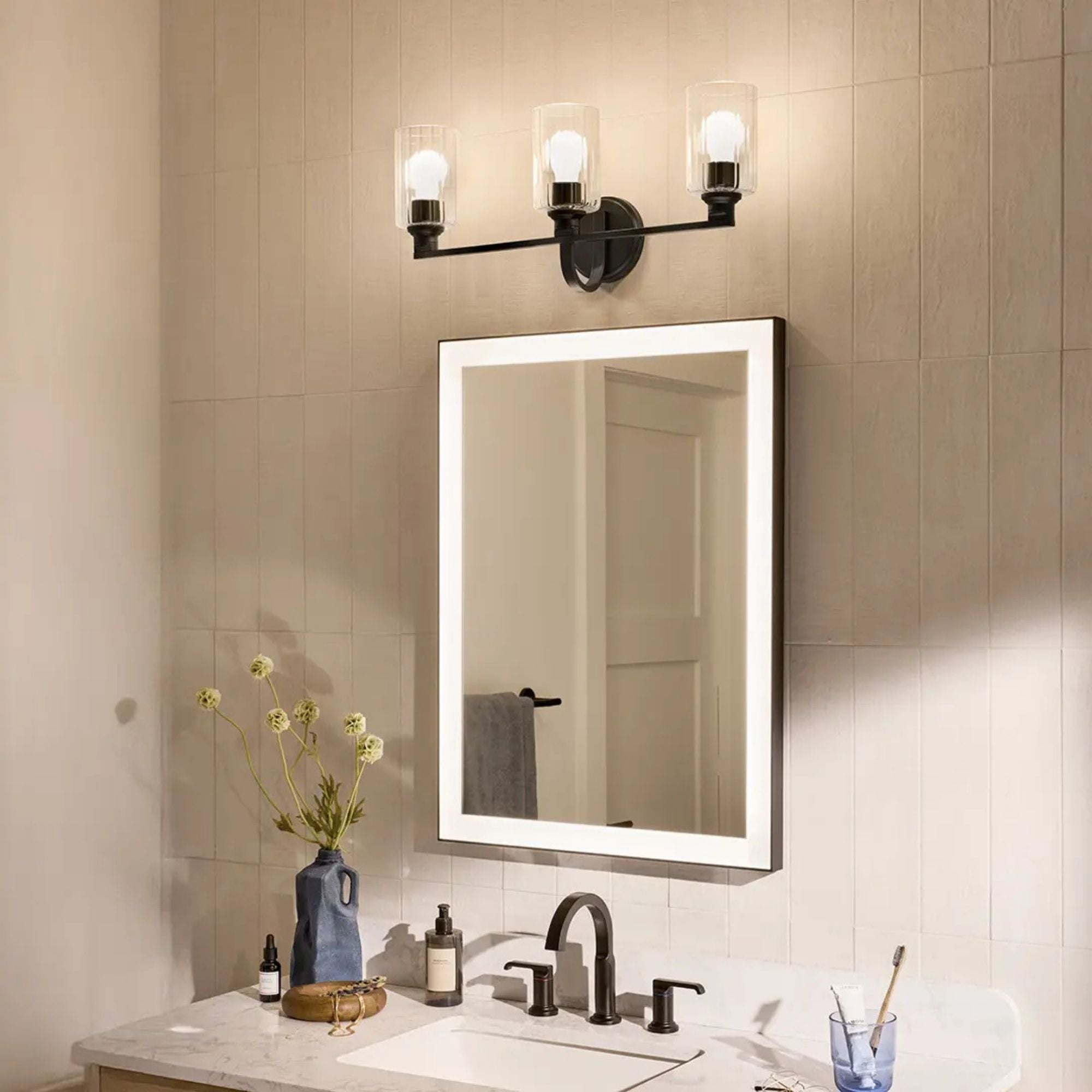Gioe 24" 3-Light Bath Vanity Light, Black Finish Etched Glass