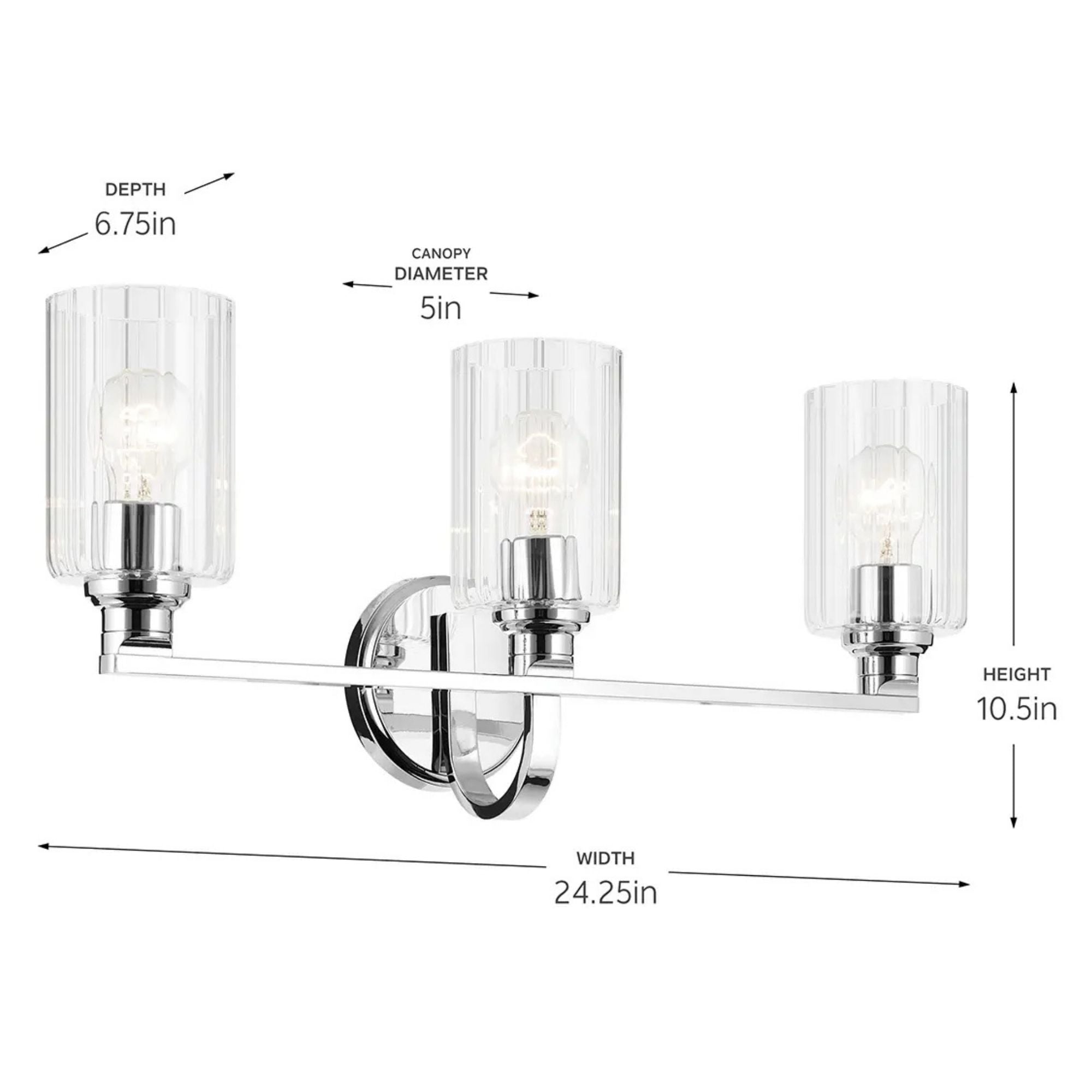 Gioe 24" 3-Light Bath Vanity Light, Chrome Finish Fluted Glass