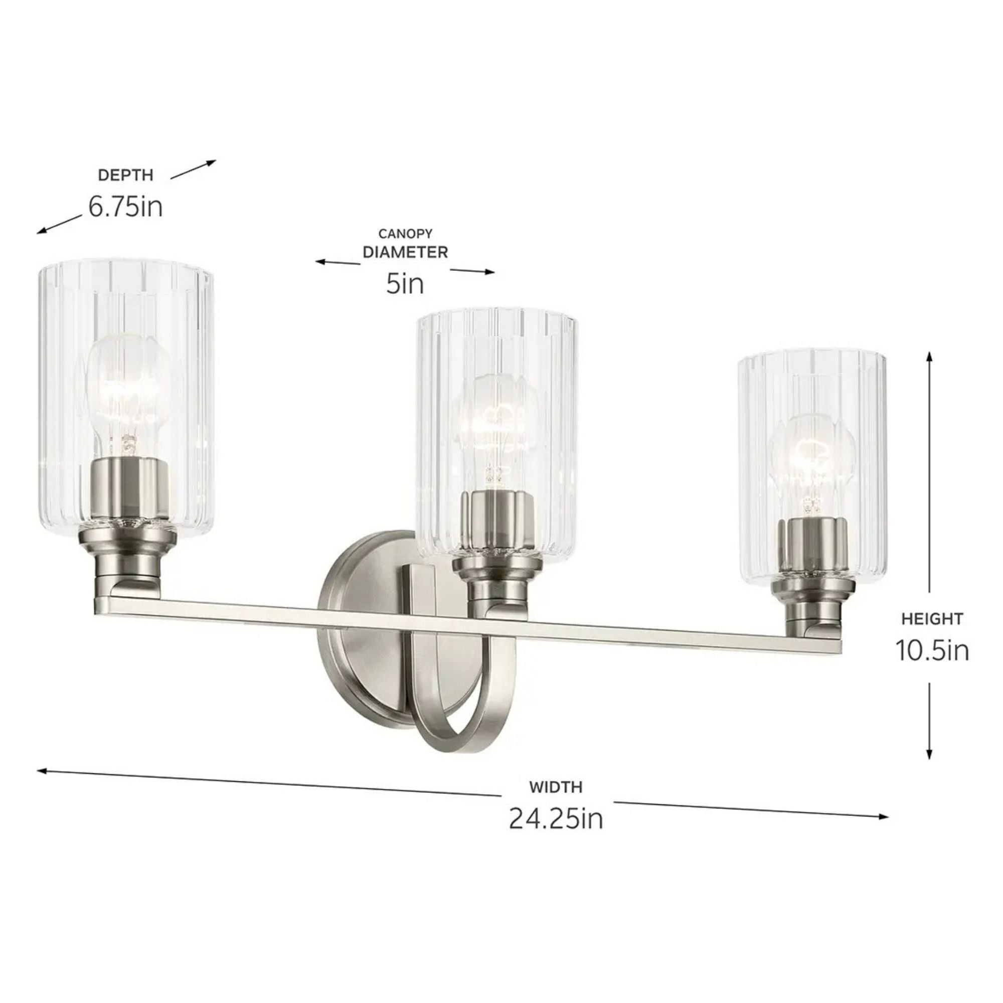 Gioe 24" 3-Light Bath Vanity Light, Brushed Nickel Finish Fluted Glass