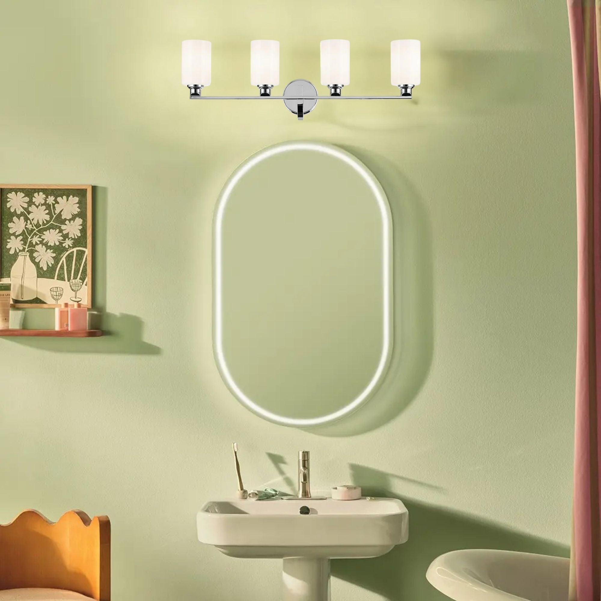 Gioe 32" 4-Light Bath Vanity Light, Chrome Finish Etched Glass