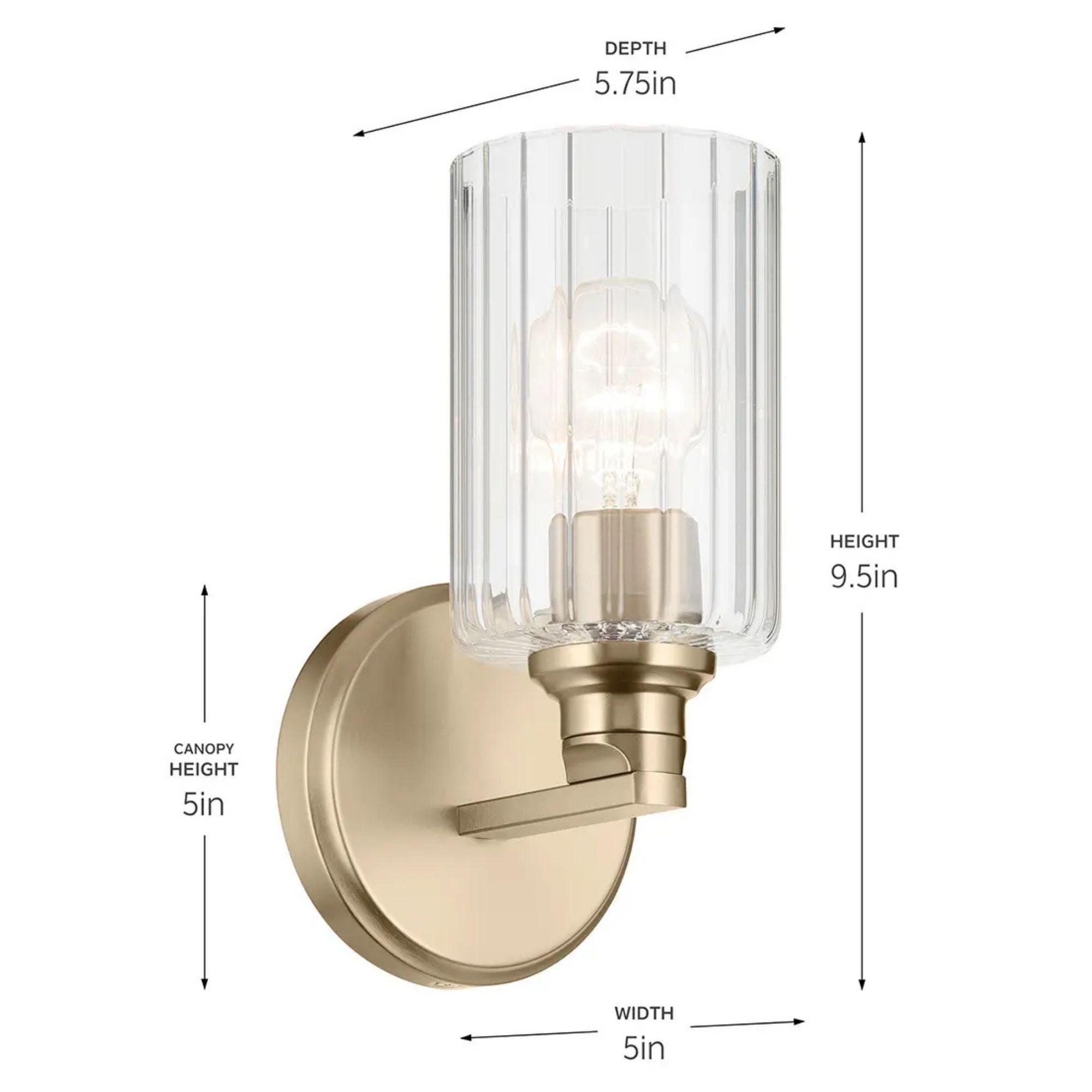 Gioe 5" Wall Sconce, Champagne Bronze Finish, Clear Fluted Glass