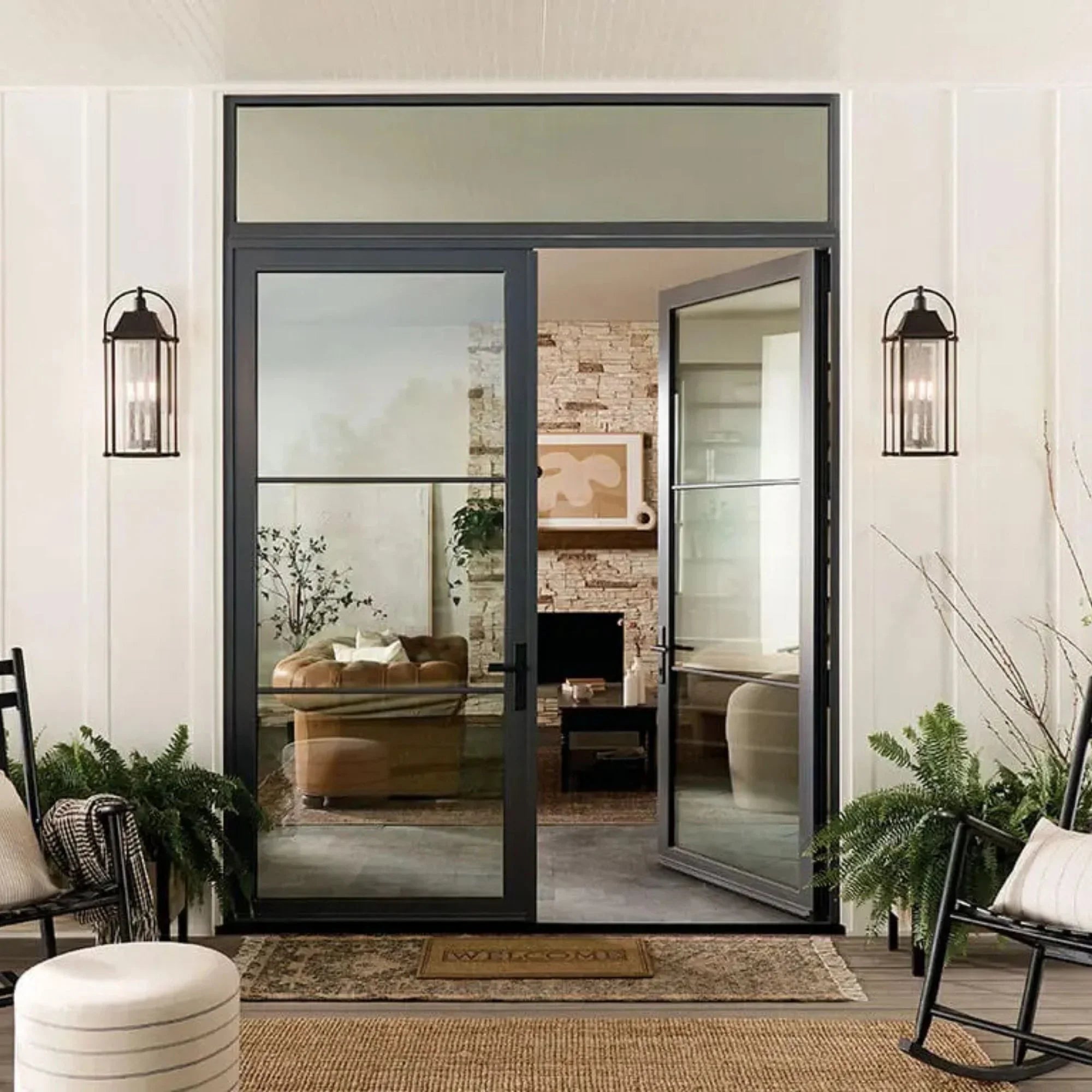 Kichler Harbor Row 28.75 in. 4-Light Outdoor Wall Sconce, Textured Black with Clear Seeded Glass