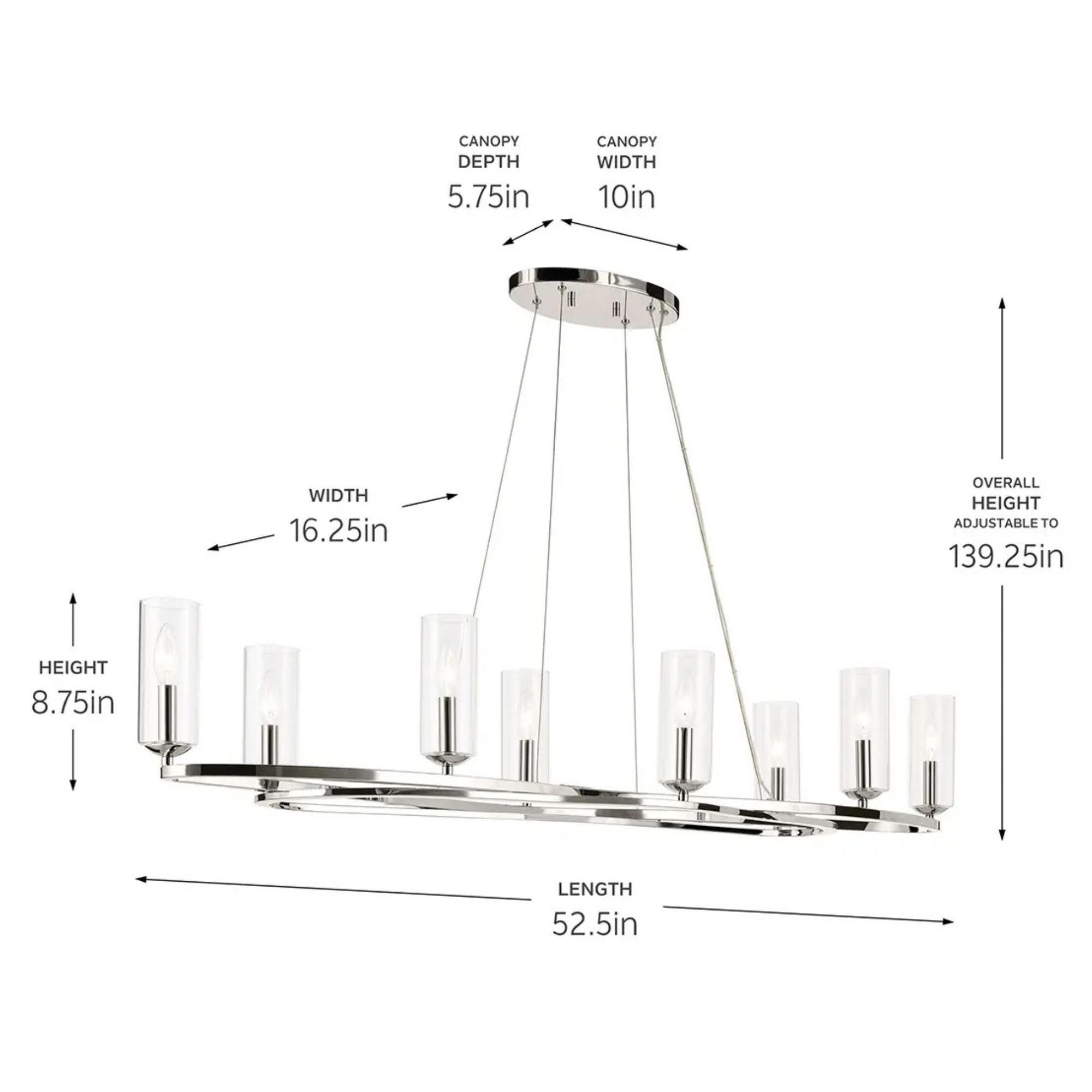 Kichler Harpin 52.5 in. 8-Light Chandelier, Polished Nickel with Clear Cylinder Glass Shades