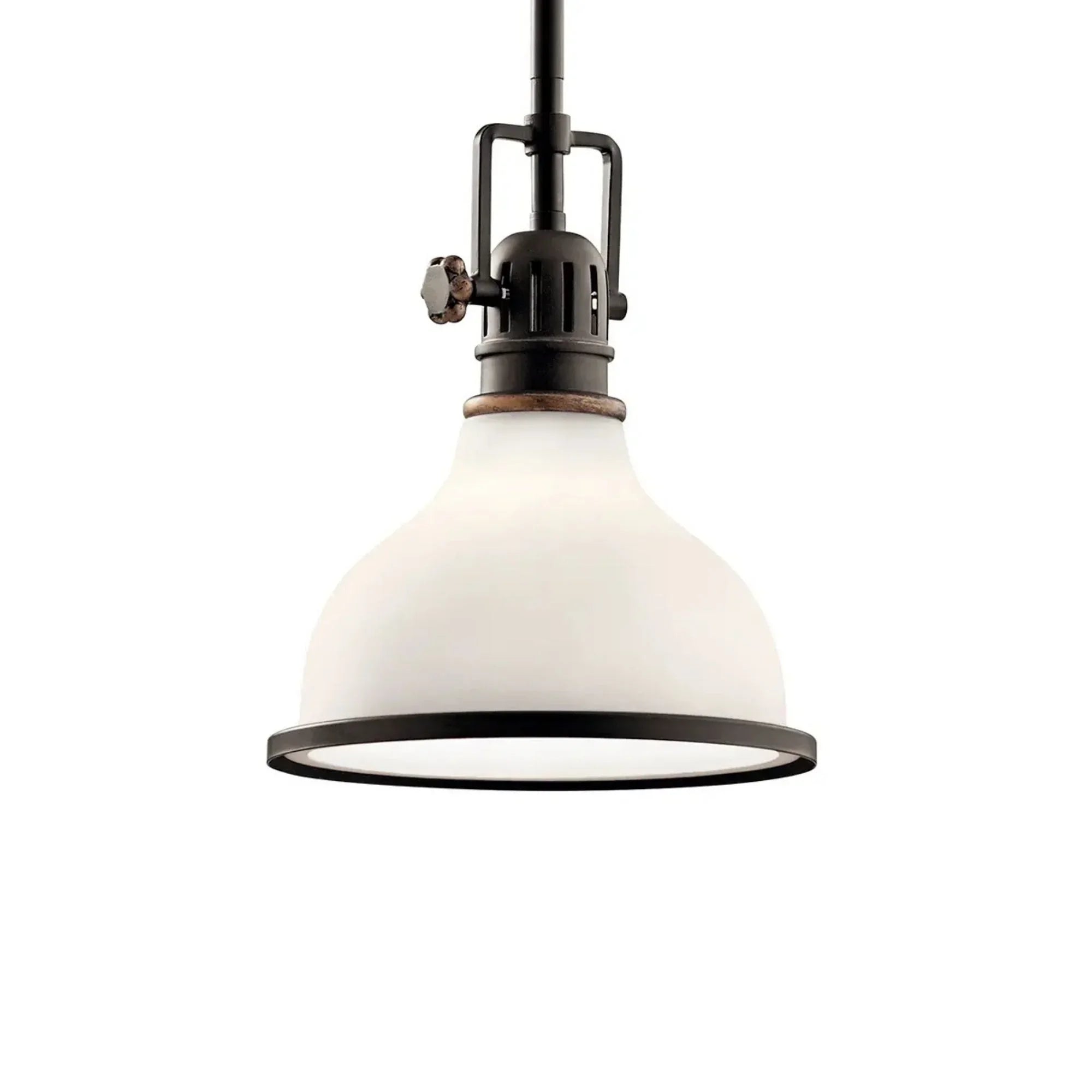 Kichler Hatteras Bay 10.25 in. Pendant Light, Olde Bronze & Satin White Glass with Metal Dome Shade