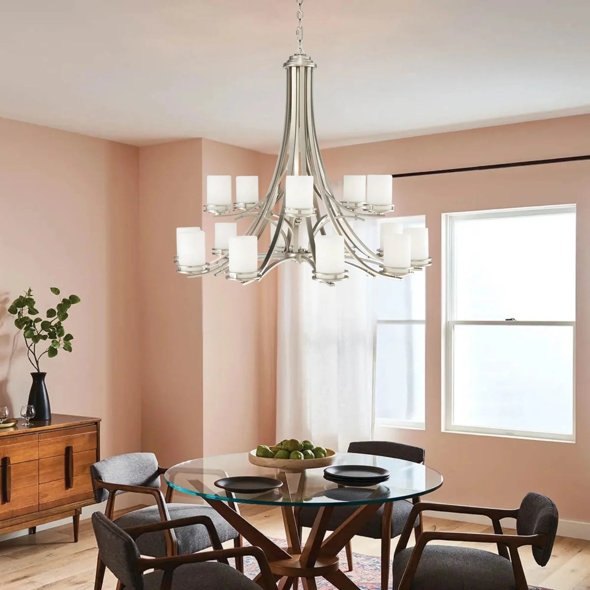 Kichler Hendrik 42.25 in. 15-Light Chandelier, Brushed Nickel with Satin Etched Cased Opal Glass