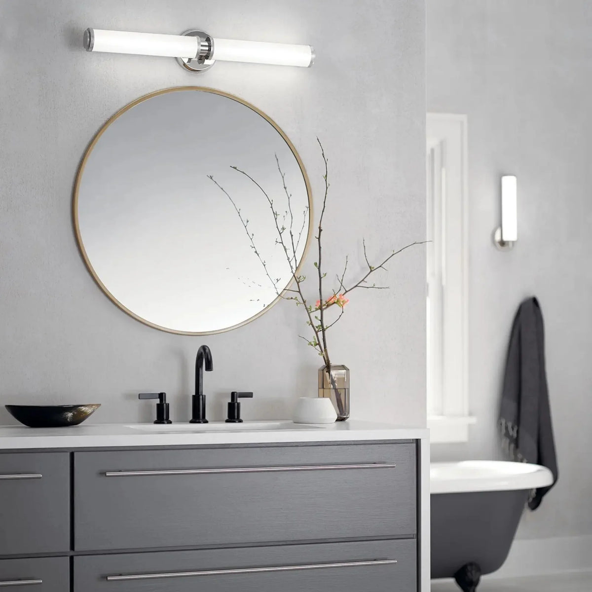 Kichler Indeco 27 in. 2-Light LED Linear Vanity Light, Polished Nickel with Satin Etched White Diffuser