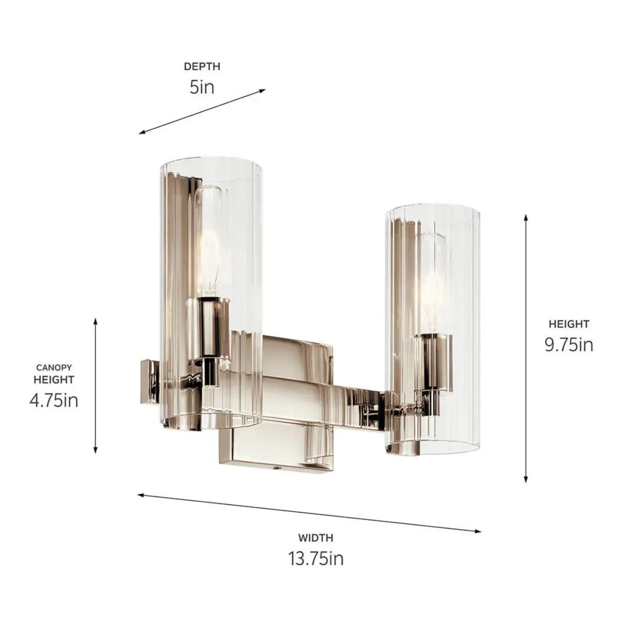 Kichler Jemsa 9.75' 2-Light Vanity Light, Polished Nickel with Clear Fluted Glass