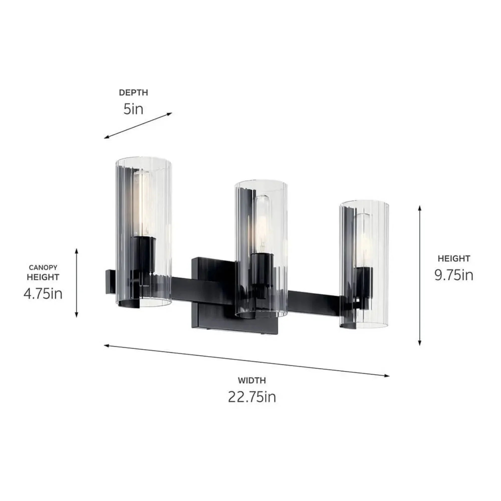 Kichler Jemsa 22.75' 3-Light Vanity Light, Black with Clear Fluted Glass