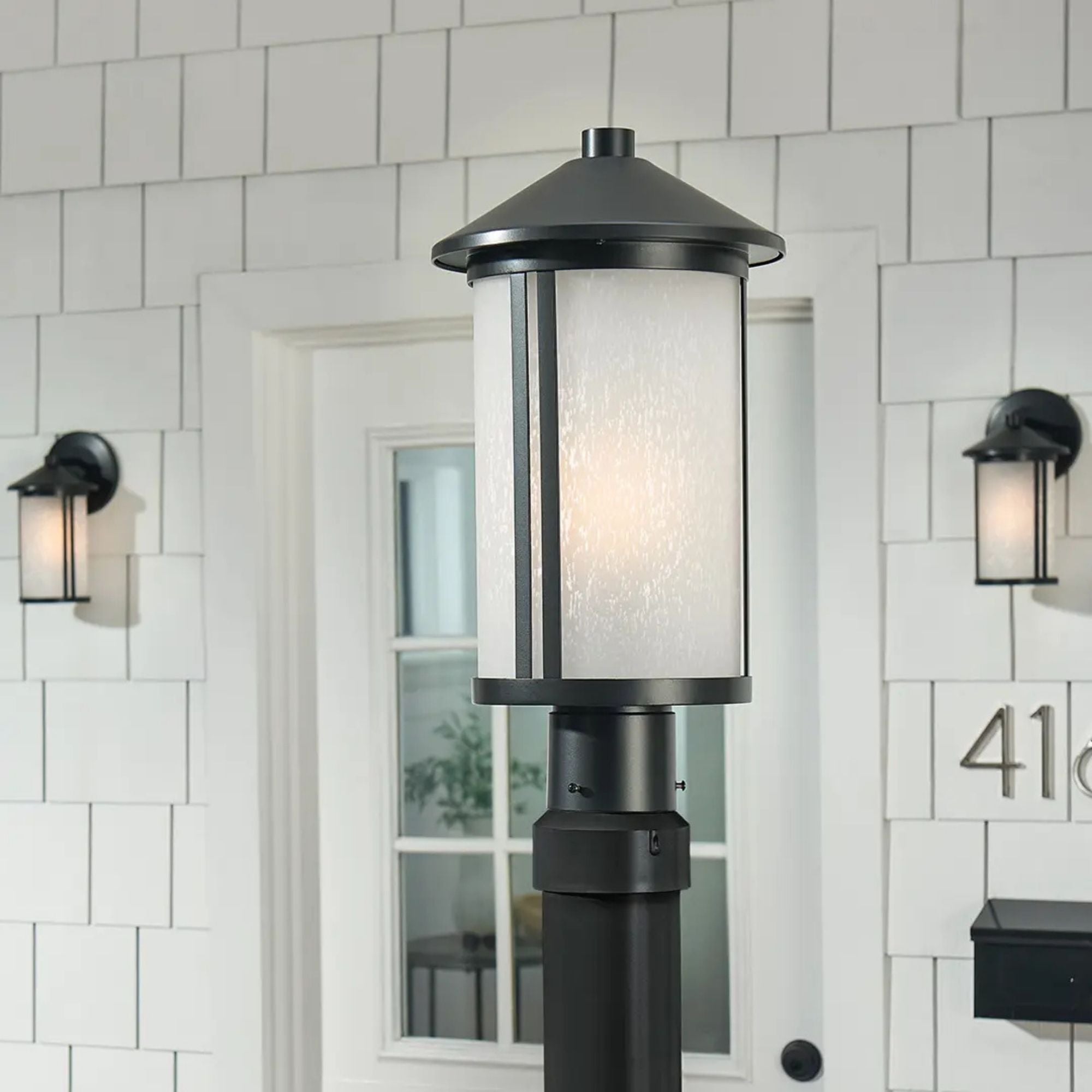 Kichler Lombard 17.25 in. Outdoor Post Lantern, Black with Satin Etched Seeded Glass