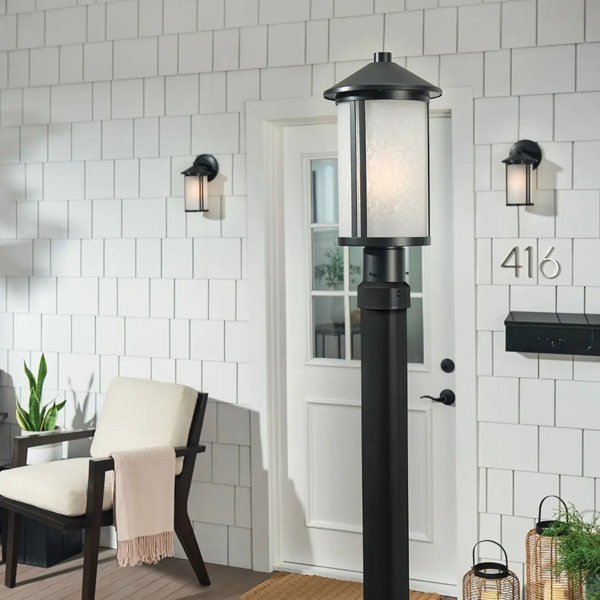 Kichler Lombard 17.25 in. Outdoor Post Lantern, Black with Satin Etched Seeded Glass