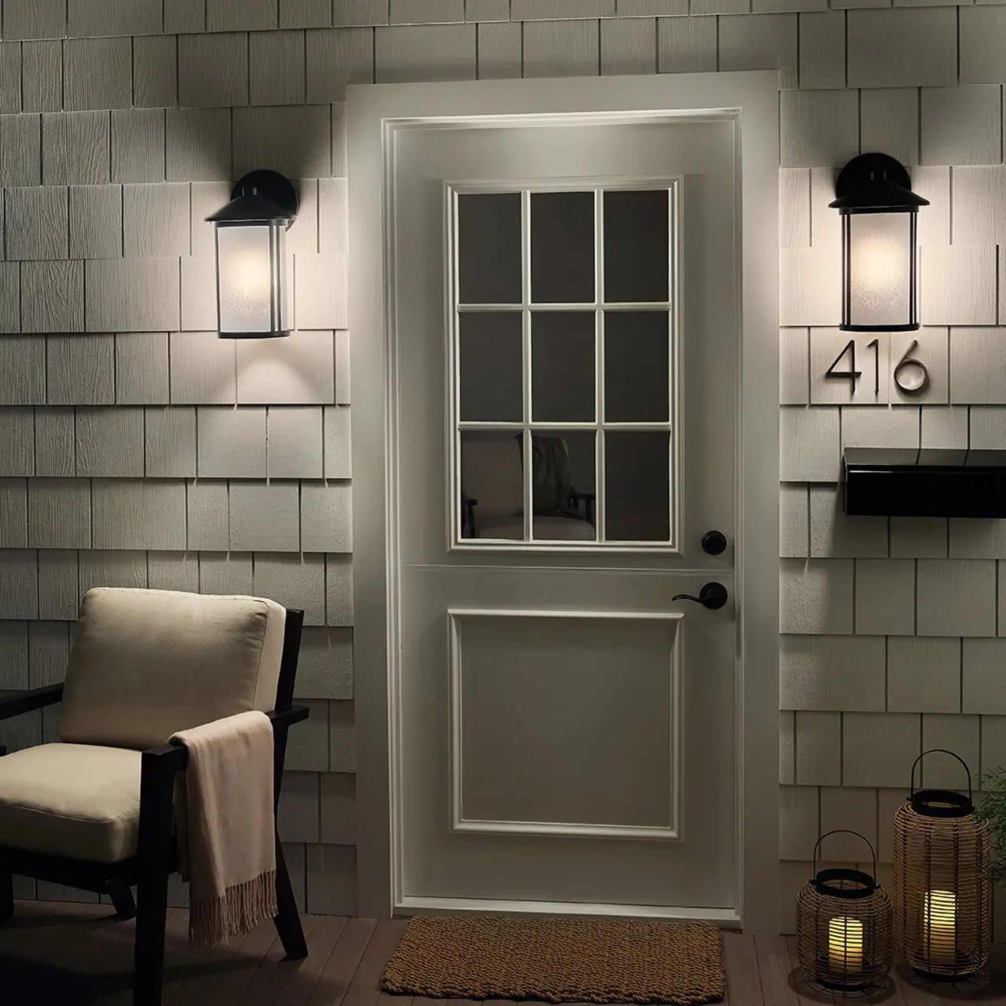 Kichler Lombard 16.5 in. Outdoor Sconce, Black with Satin Etched Seeded Glass