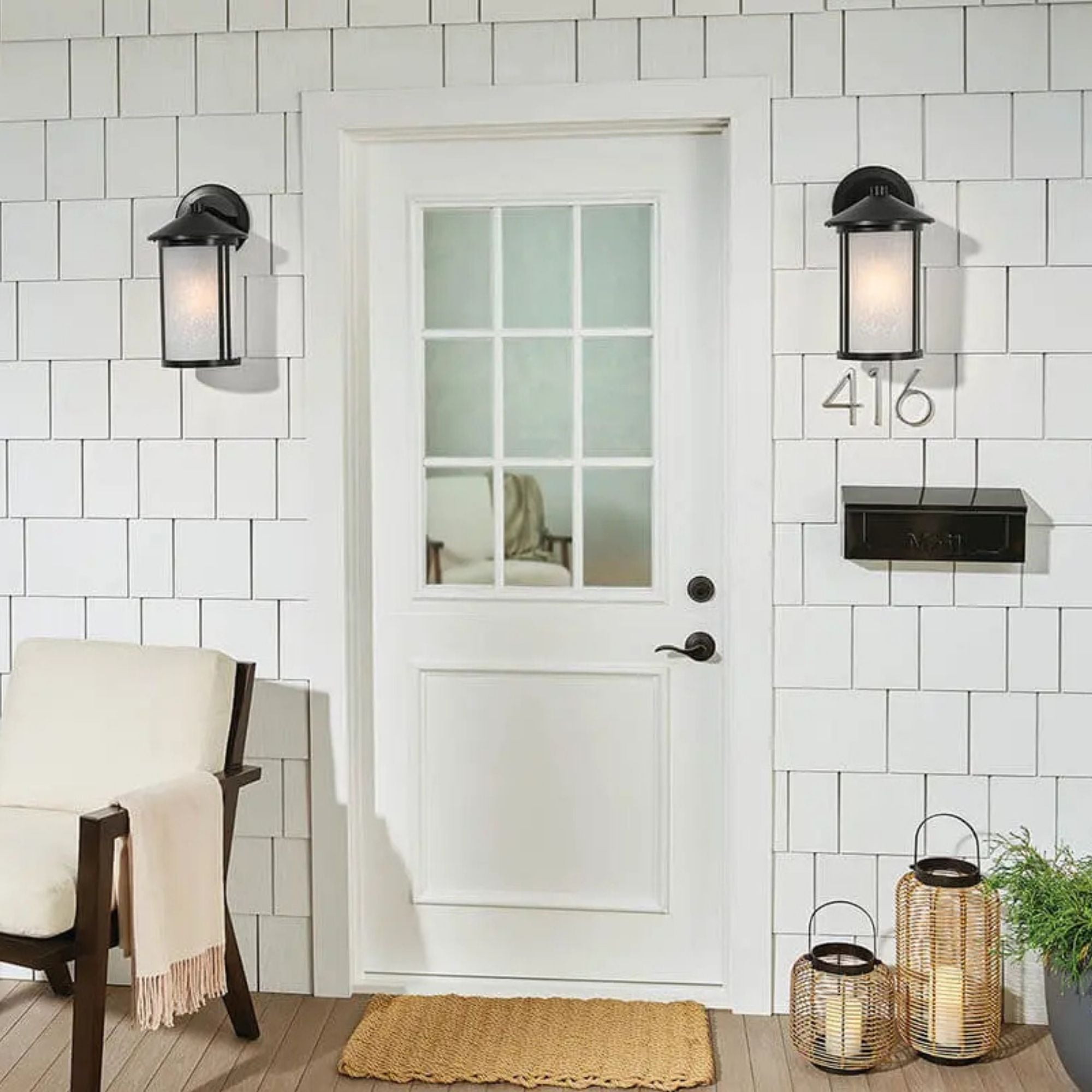Kichler Lombard 16.5 in. Outdoor Sconce, Black with Satin Etched Seeded Glass