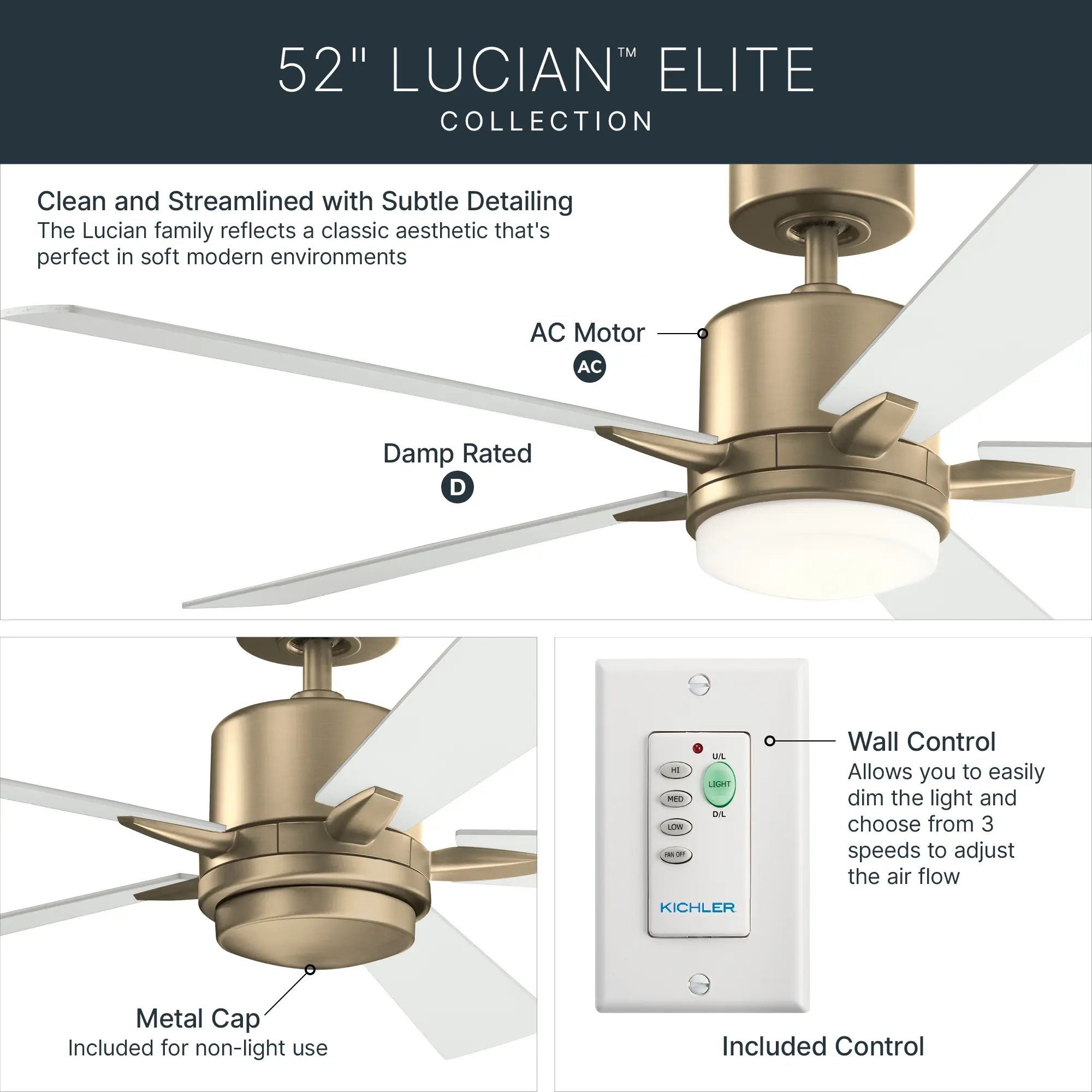 Lucian Elite 52" Champagne Bronze LED Ceiling Fan with Wall Control
