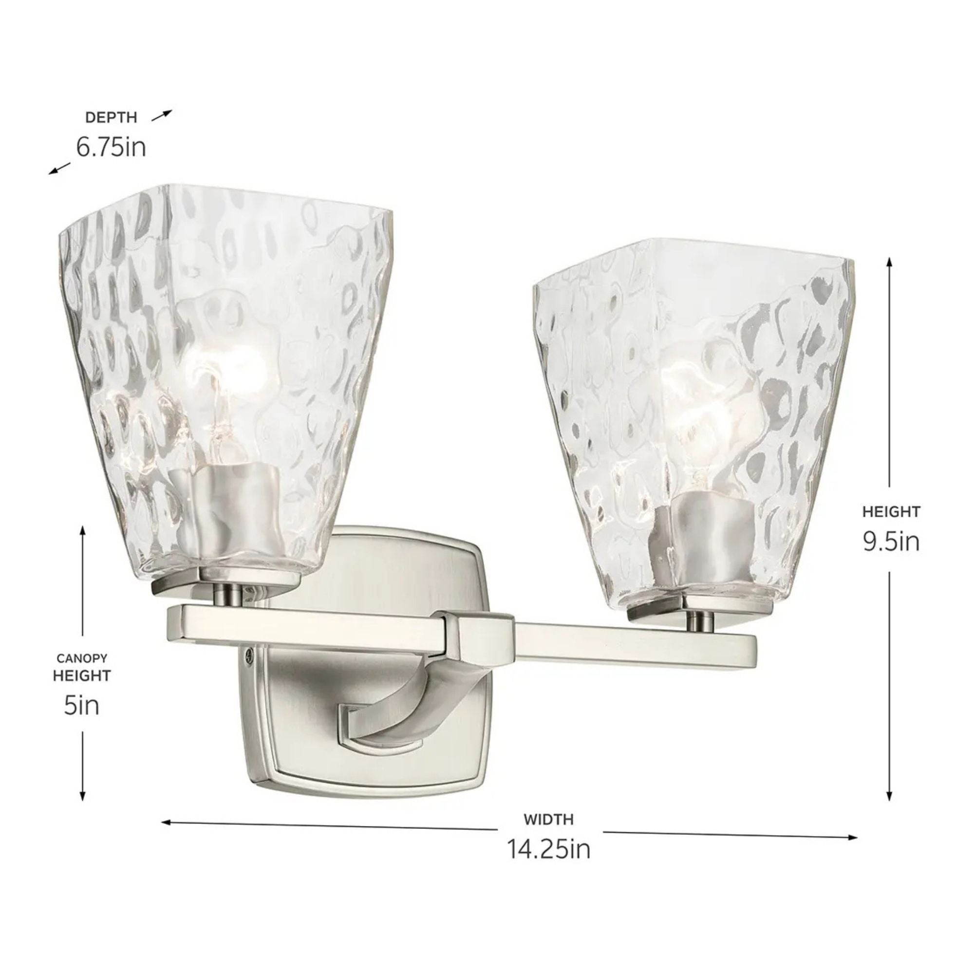 Kichler Marant 9.5 in. 2-Light Vanity Light, Brushed Nickel with Clear Water Glass Tapered Shade