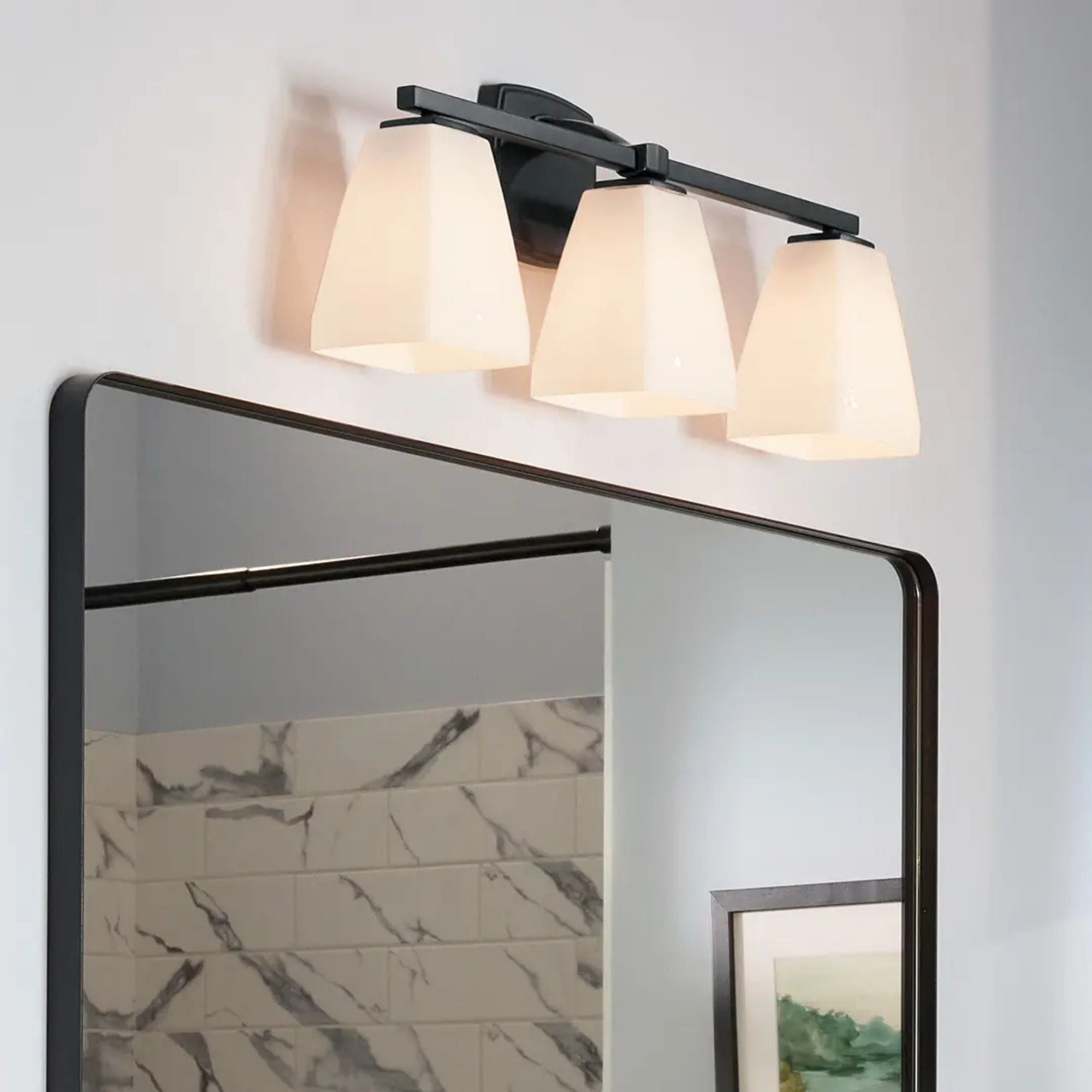 Kichler Marant 23.75 in. 3-Light Vanity Light, Black with Opal Glass Tapered Shade
