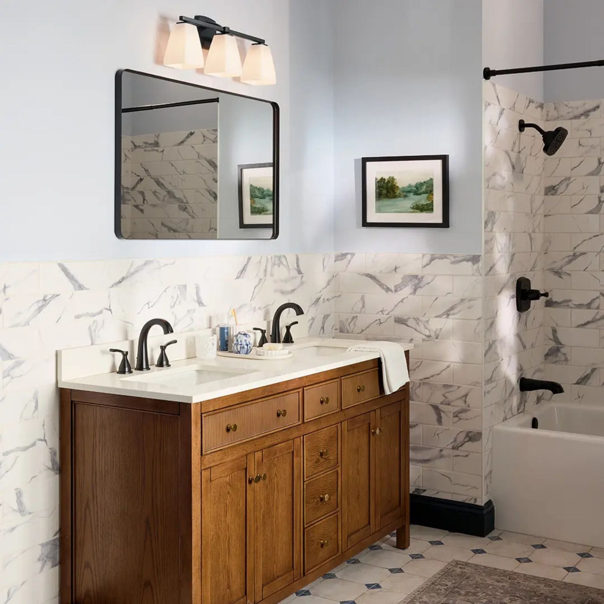 Kichler Marant 23.75 in. 3-Light Vanity Light, Black with Opal Glass Tapered Shade