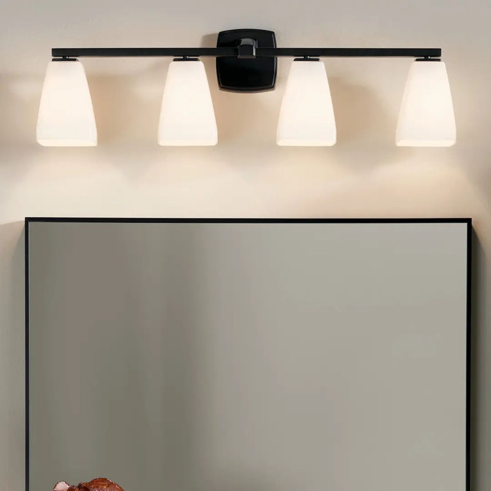 Kichler Marant 33.25 in. 4-Light Vanity Light, Black with Opal Glass Tapered Shade