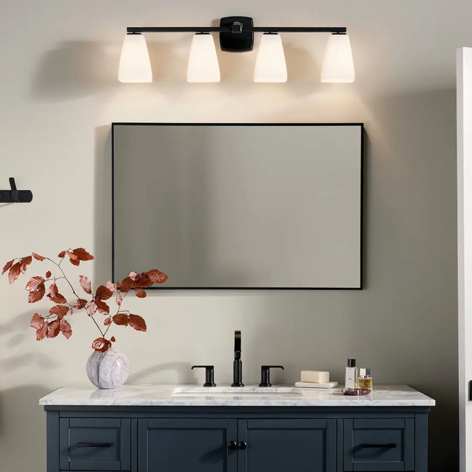 Kichler Marant 33.25 in. 4-Light Vanity Light, Black with Opal Glass Tapered Shade