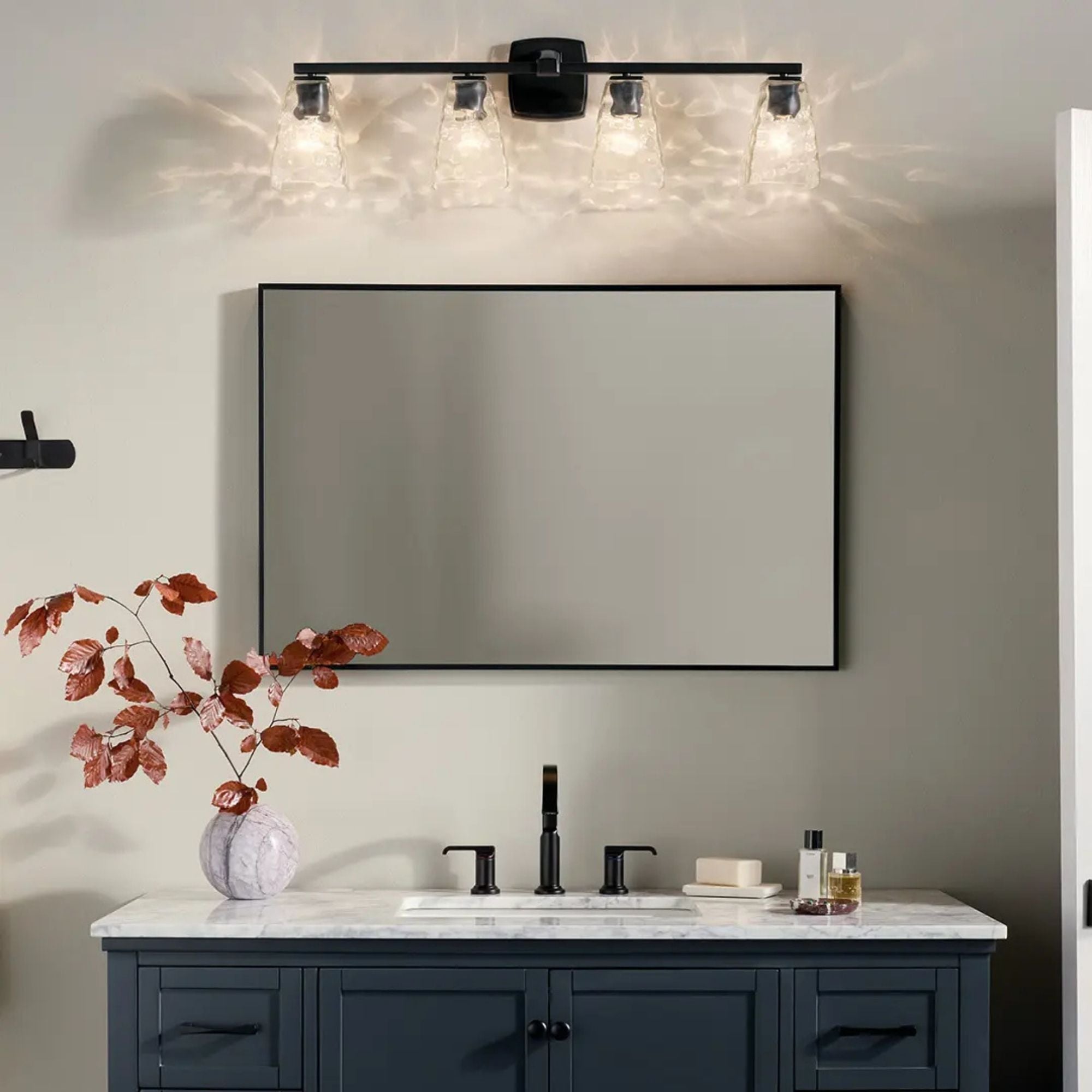 Kichler Marant 33.25 in. 4-Light Vanity Light, Black with Clear Water Glass Tapered Shade