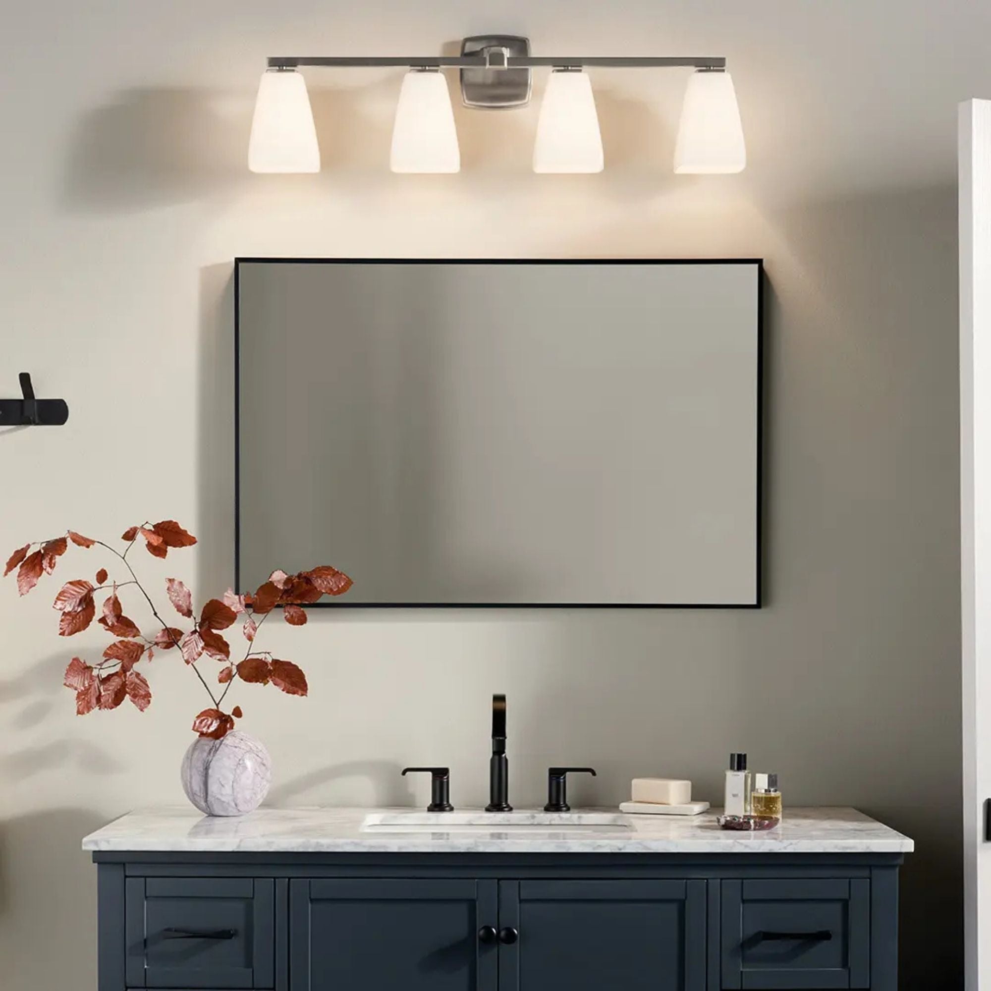 Kichler Marant 33.25 in. 4-Light Vanity Light, Brushed Nickel with Opal Glass Tapered Shade
