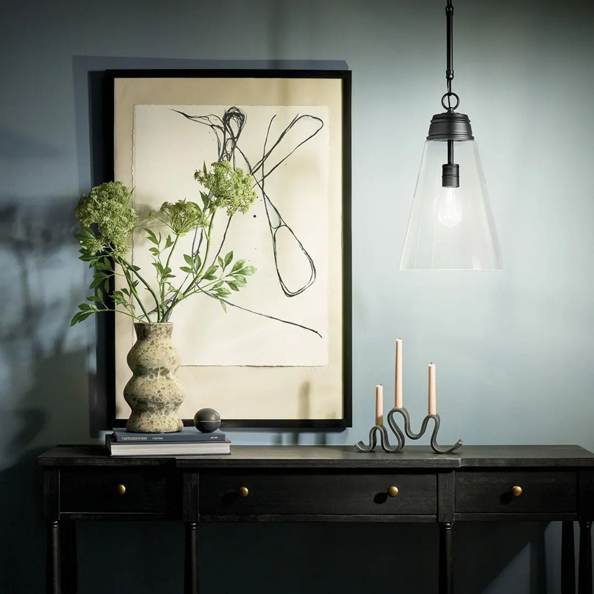 Marsailli 12" Pendant, Black Finish, Clear Glass