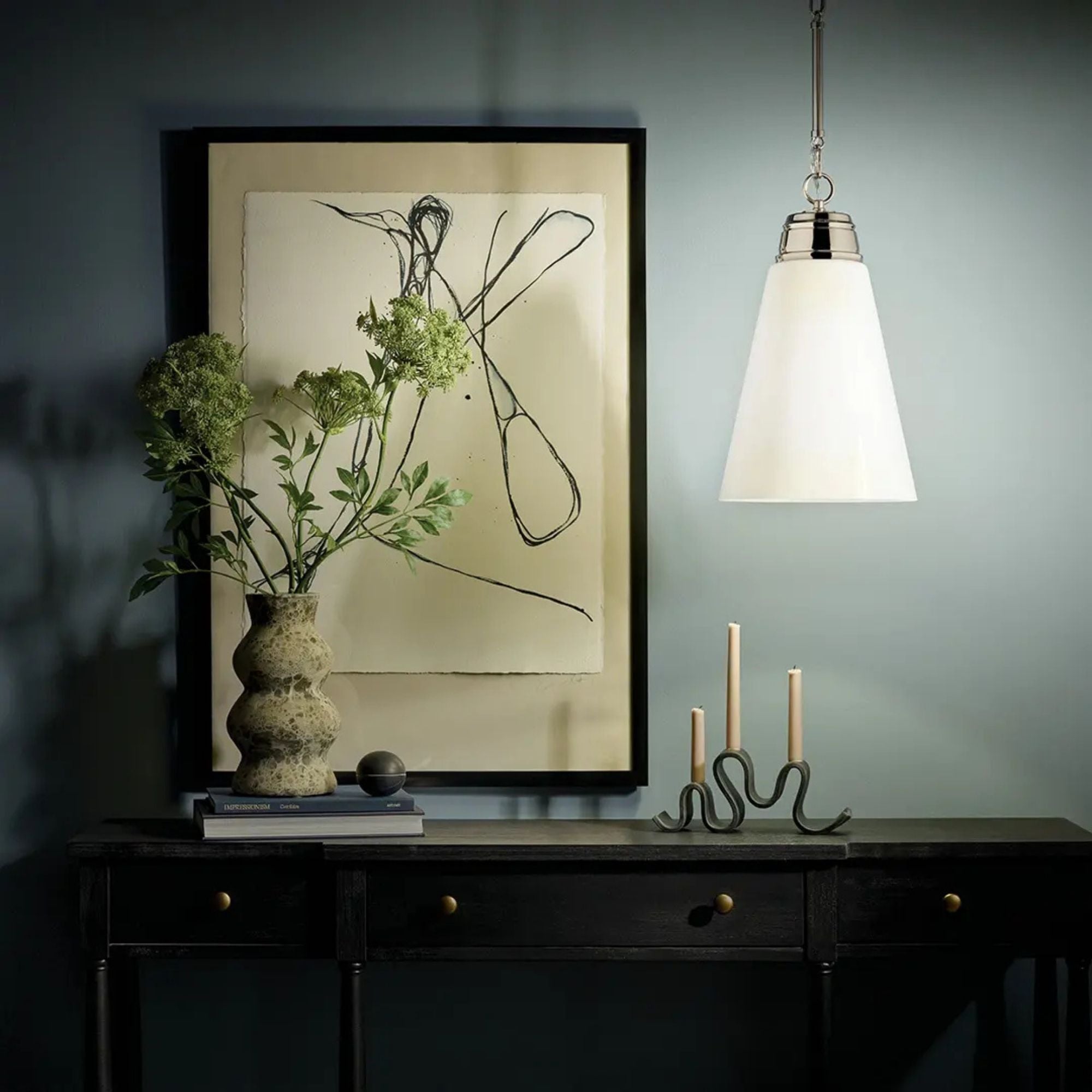 Marsailli 12" Pendant, Polished Nickel Finish, Opal Glass