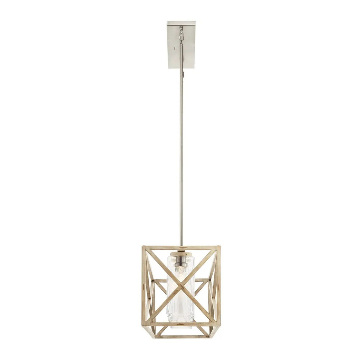 Distressed antique white geometric chandelier pendant with open square frame and hanging cord