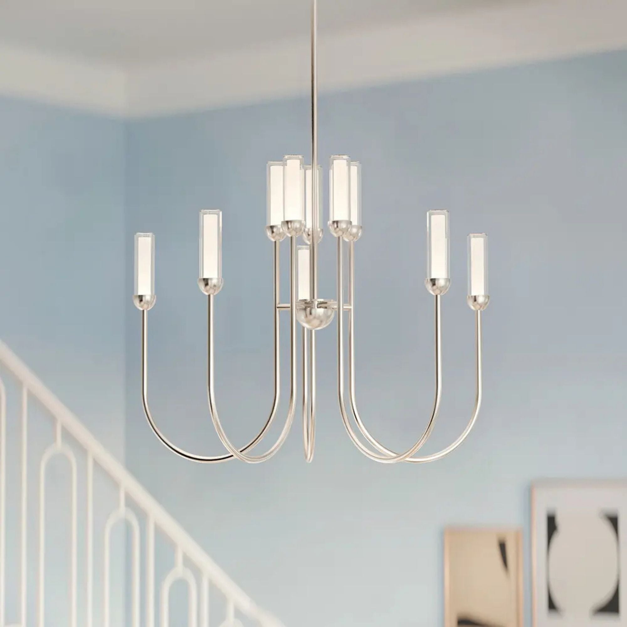 Kichler Moraine 30 in. 10-Light Chandelier, Polished Nickel with Clear Cylinder Shades