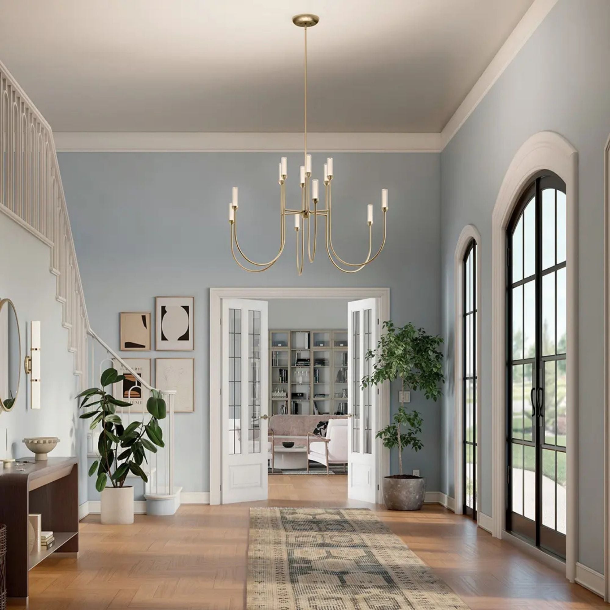 Kichler Moraine 32.25 in. 12-Light Chandelier, Champagne Bronze with Clear Glass Cylinder Shades