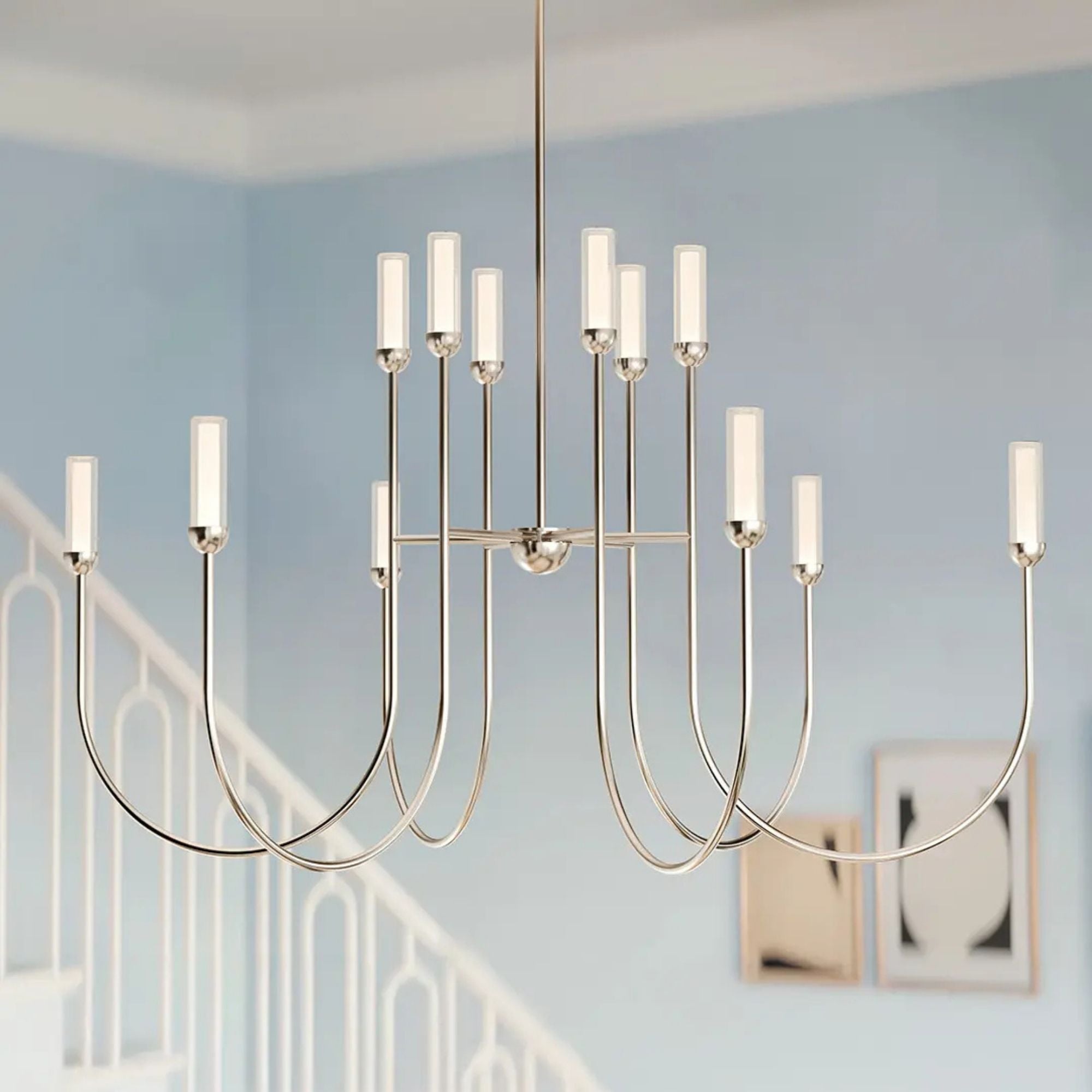 Kichler Moraine 50 in. 12-Light Chandelier, Polished Nickel with Clear Glass Cylinder Shades