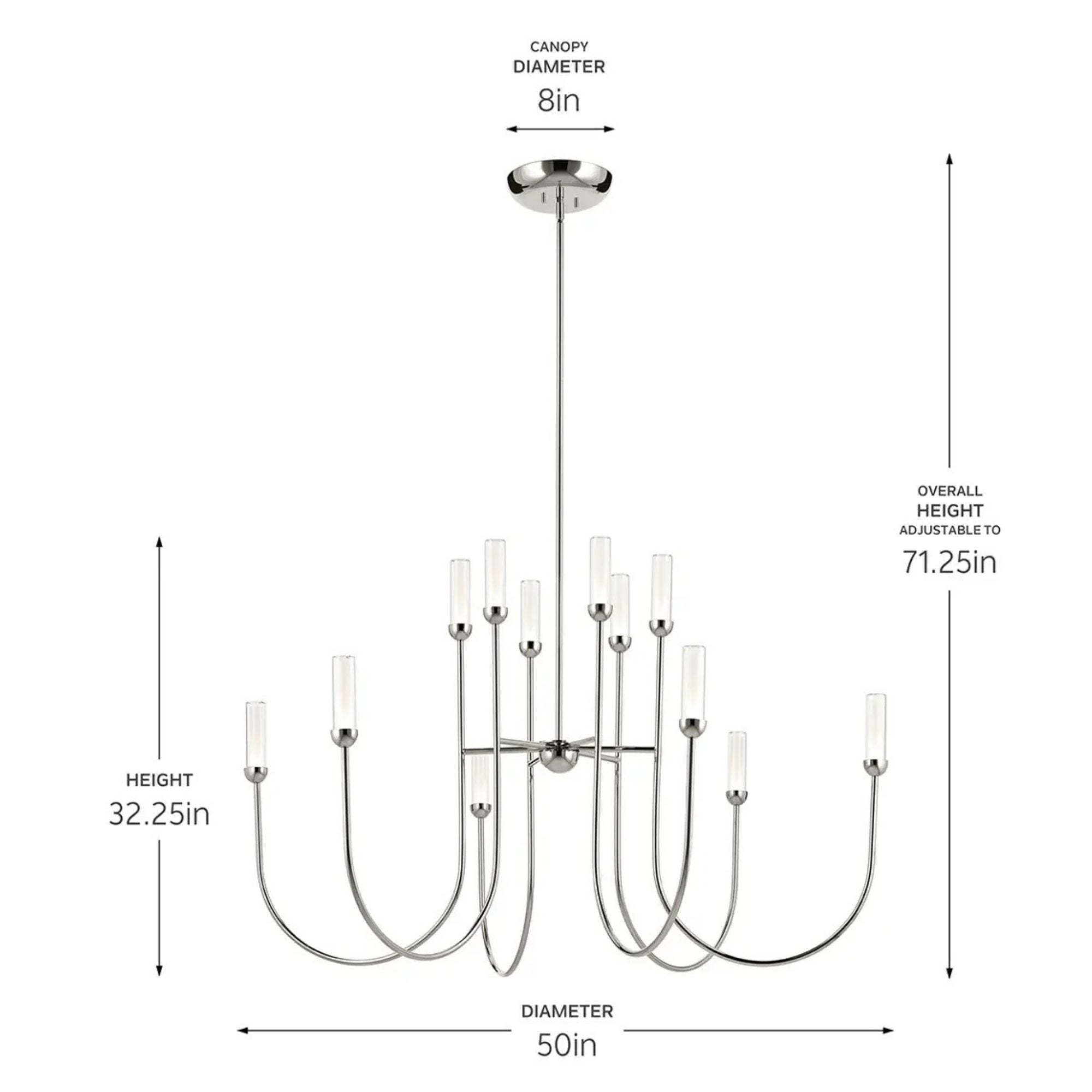 Kichler Moraine 50 in. 12-Light Chandelier, Polished Nickel with Clear Glass Cylinder Shades