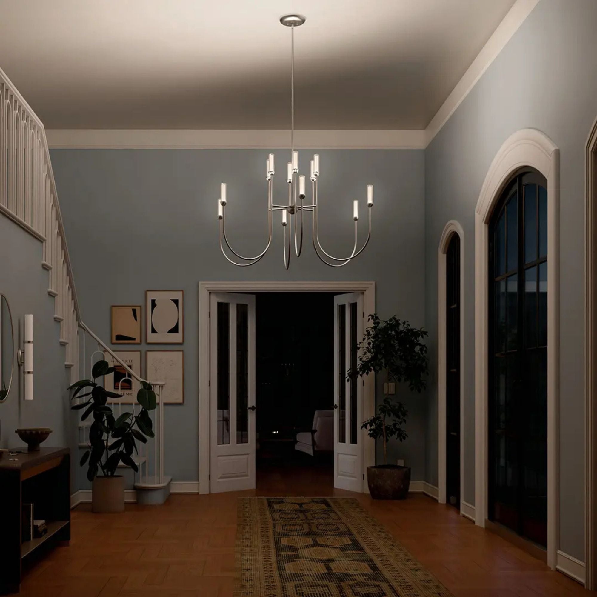 Kichler Moraine 50 in. 12-Light Chandelier, Polished Nickel with Clear Glass Cylinder Shades