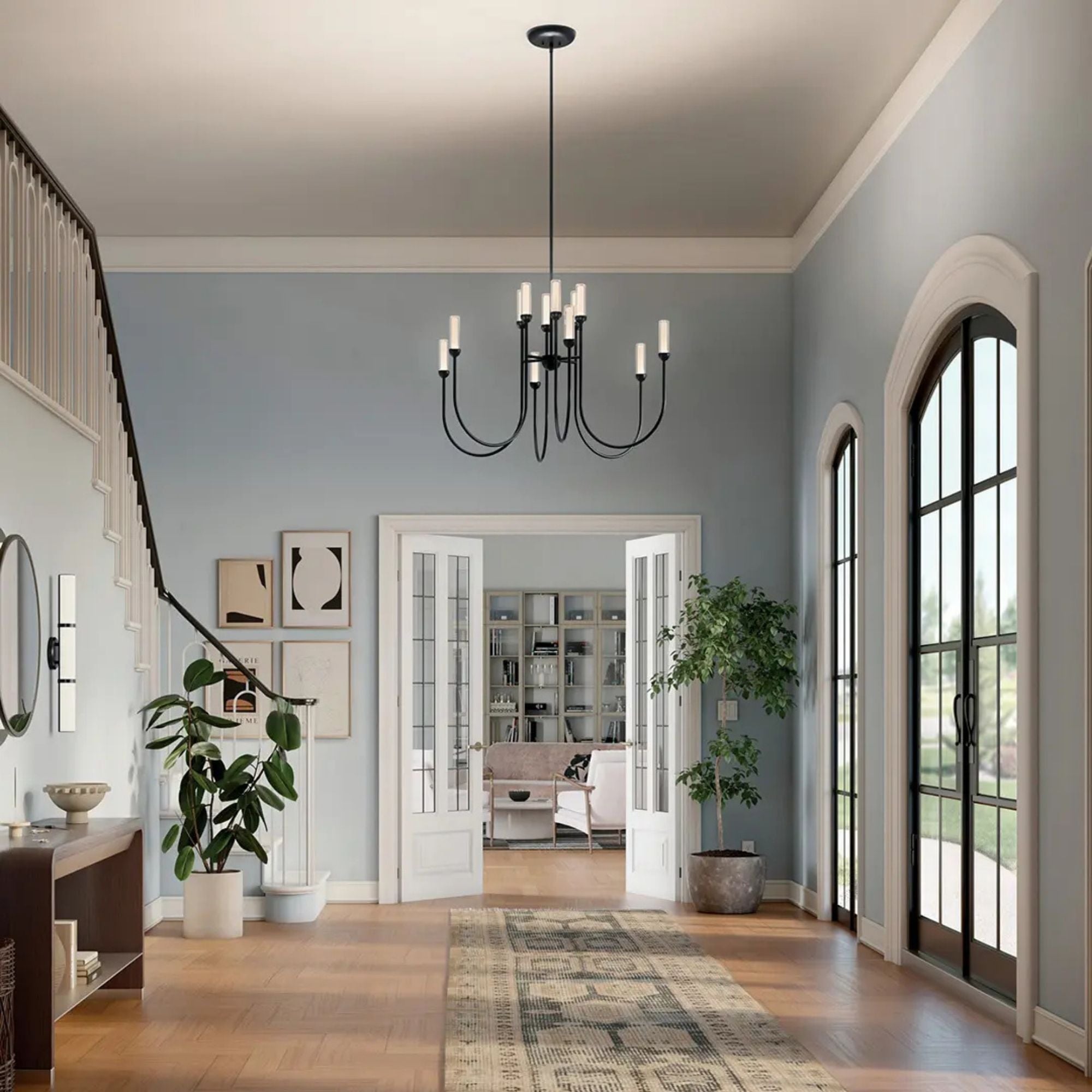 Kichler Moraine 27.5 in. 12-Light Chandelier, Black & Champagne Bronze & Polished Nickel with Clear Glass Cylinder Shades