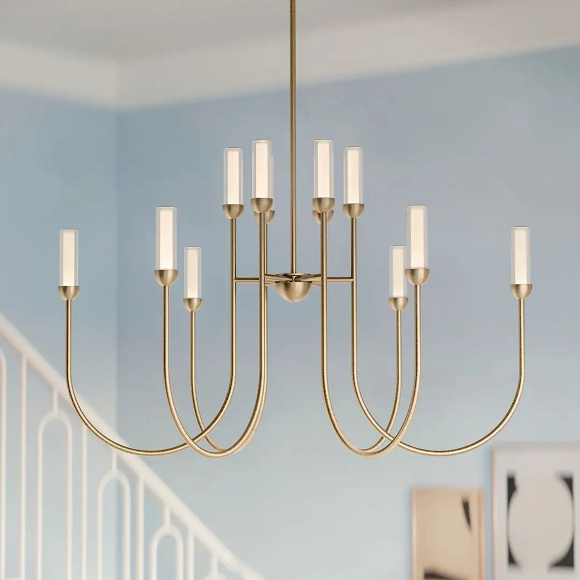 Kichler Moraine 27.5 in. 12-Light Chandelier, Champagne Bronze with Clear Glass Cylinder Shades