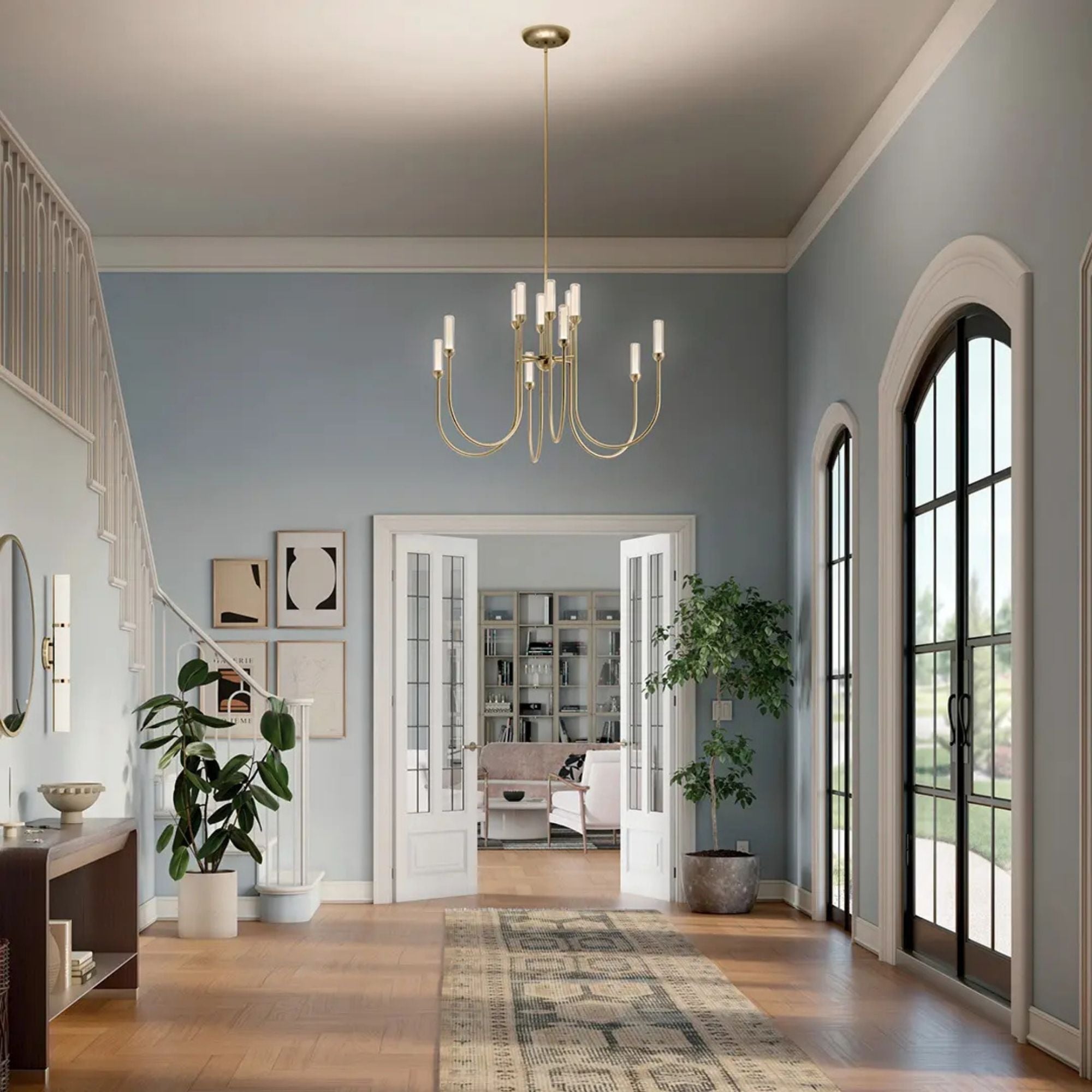 Kichler Moraine 27.5 in. 12-Light Chandelier, Champagne Bronze with Clear Glass Cylinder Shades