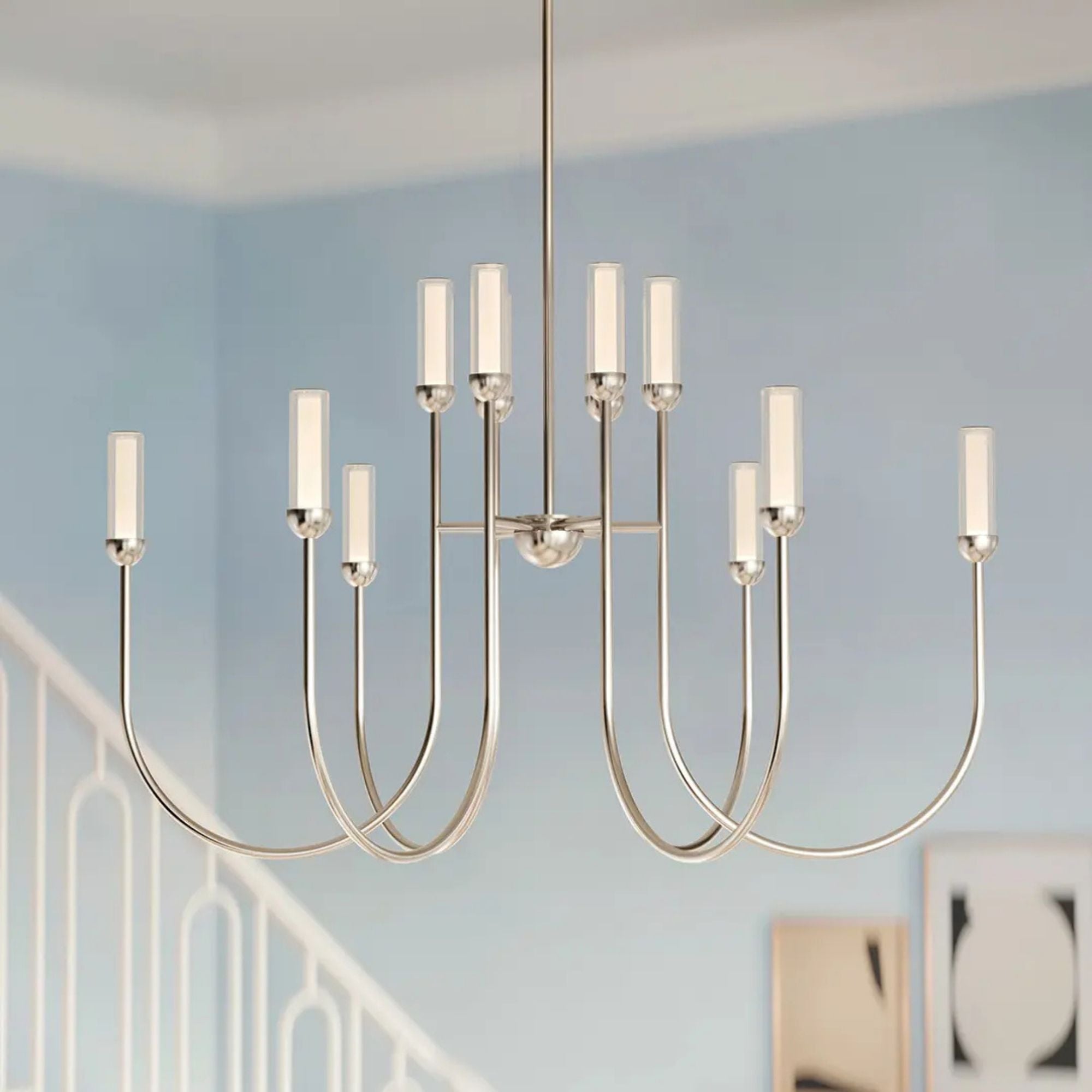 Kichler Moraine 40 in. 12-Light Chandelier, Polished Nickel with Clear Cylinder Glass Shades