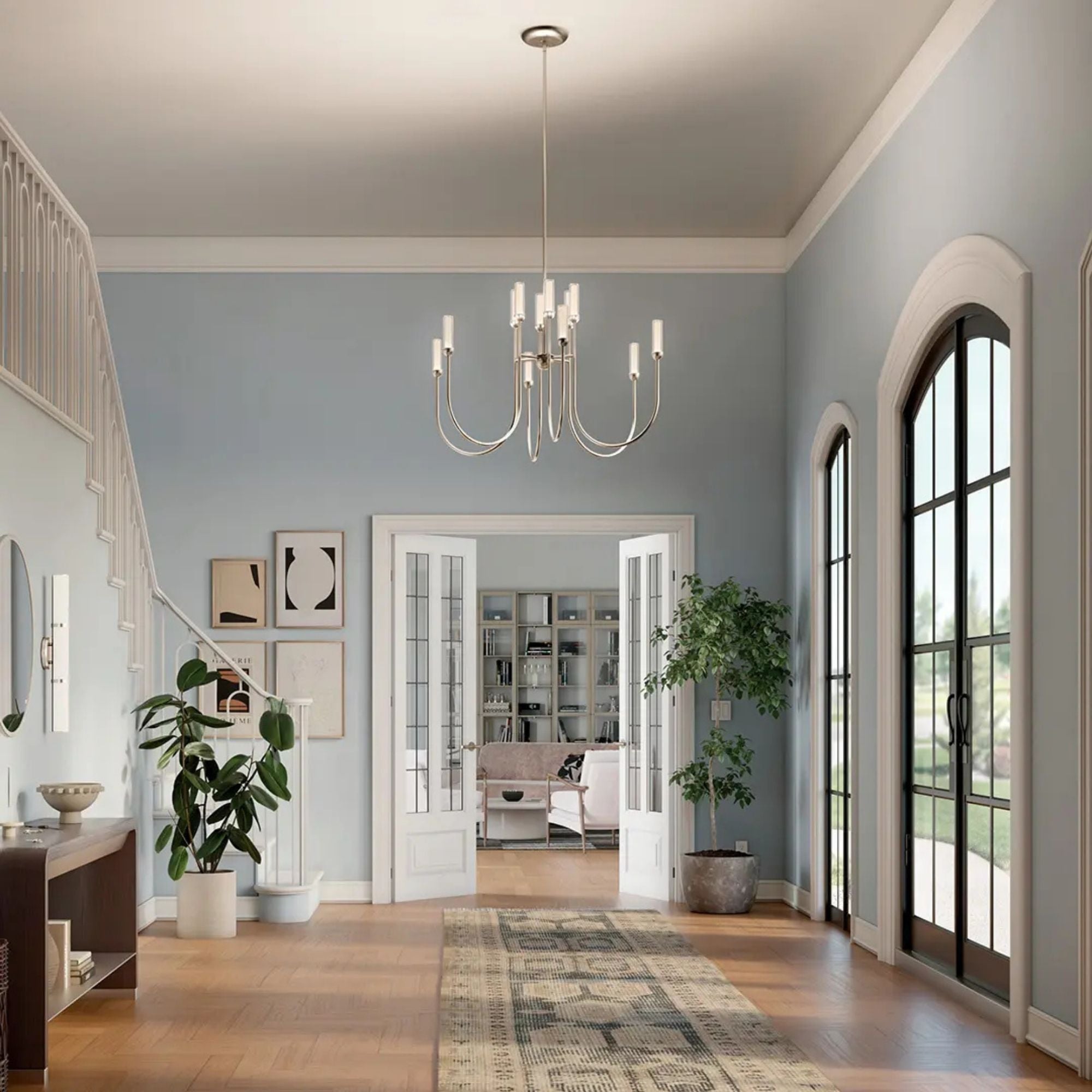 Kichler Moraine 40 in. 12-Light Chandelier, Polished Nickel with Clear Cylinder Glass Shades