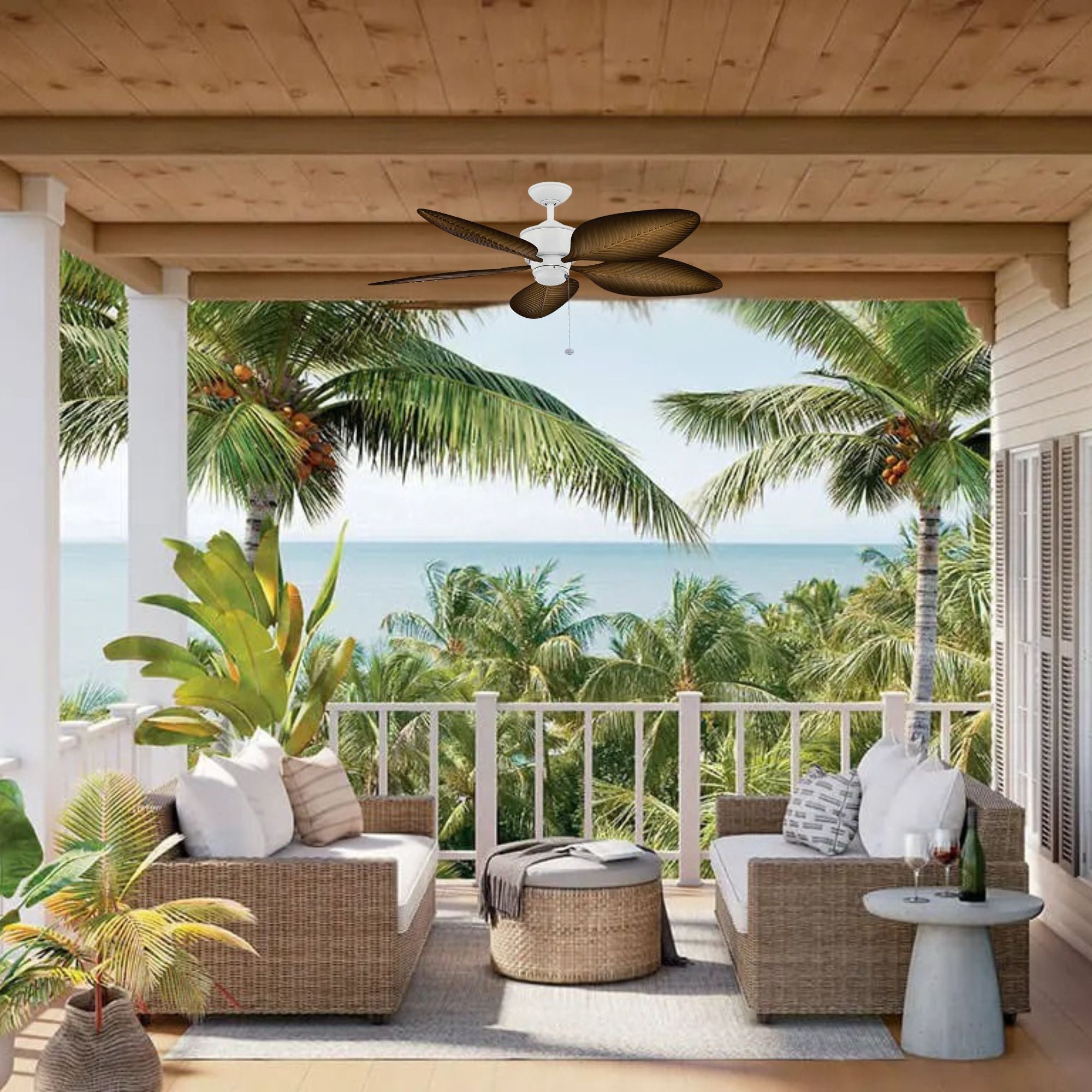 Nani 56" Matte White Palm-Leaf Blades Outdoor Ceiling Fan with Pull Chain