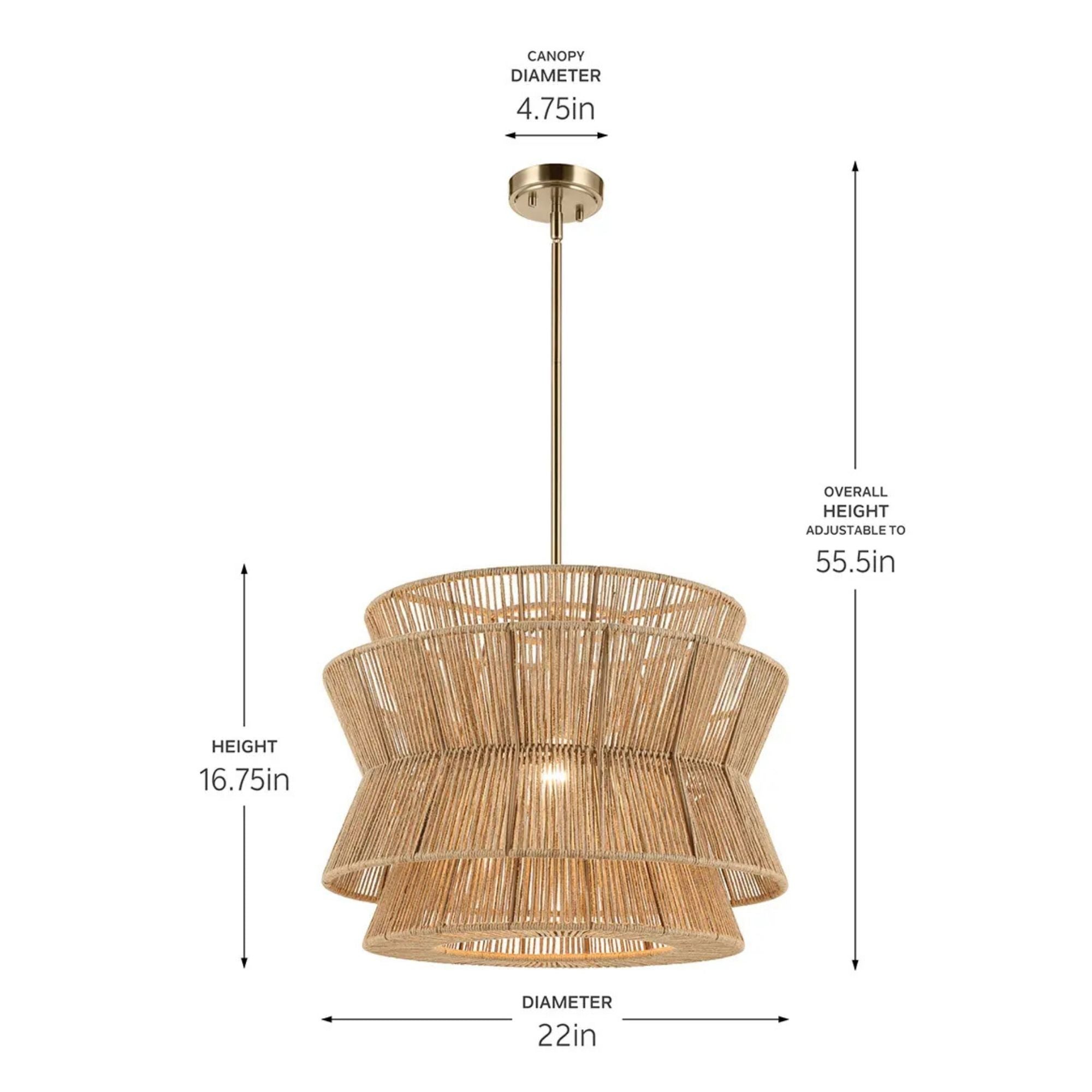 Kichler Ophira 22 in. Pendant Light, Champagne Bronze with Jute Hourglass Shade