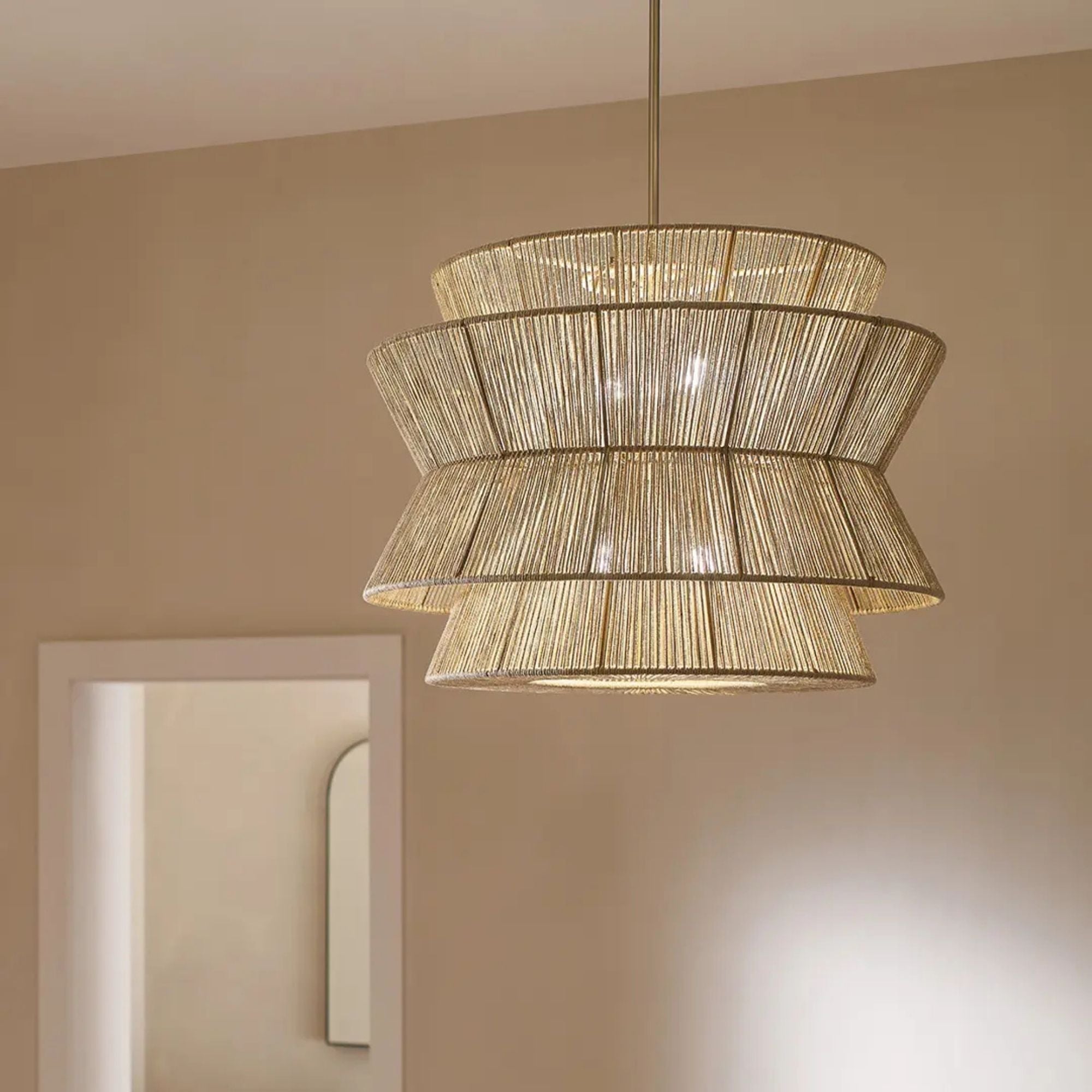 Kichler Ophira 28 in. 4-Light Pendant, Champagne Bronze with Jute Hourglass Shade