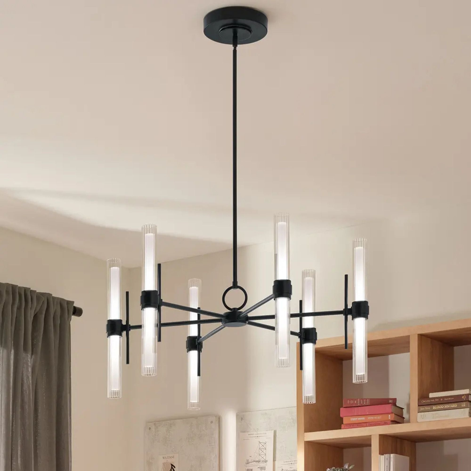 Kichler Riven 33 in. 12-Light Chandelier, Black & Champagne Bronze & Polished Nickel with Clear Fluted Glass