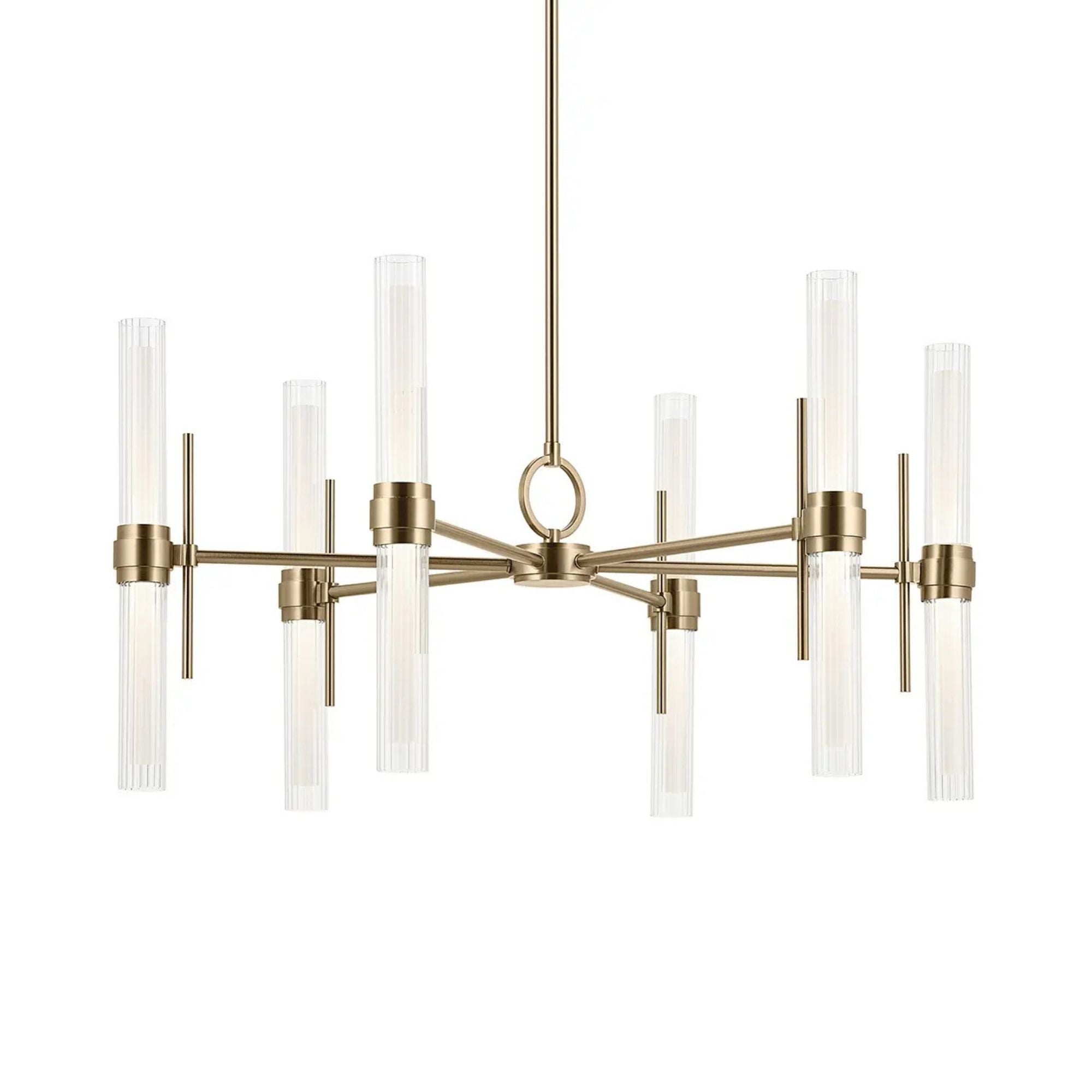Kichler Riven 33 in. 12-Light Chandelier, Champagne Bronze with Clear Fluted Glass Cylinder Shade