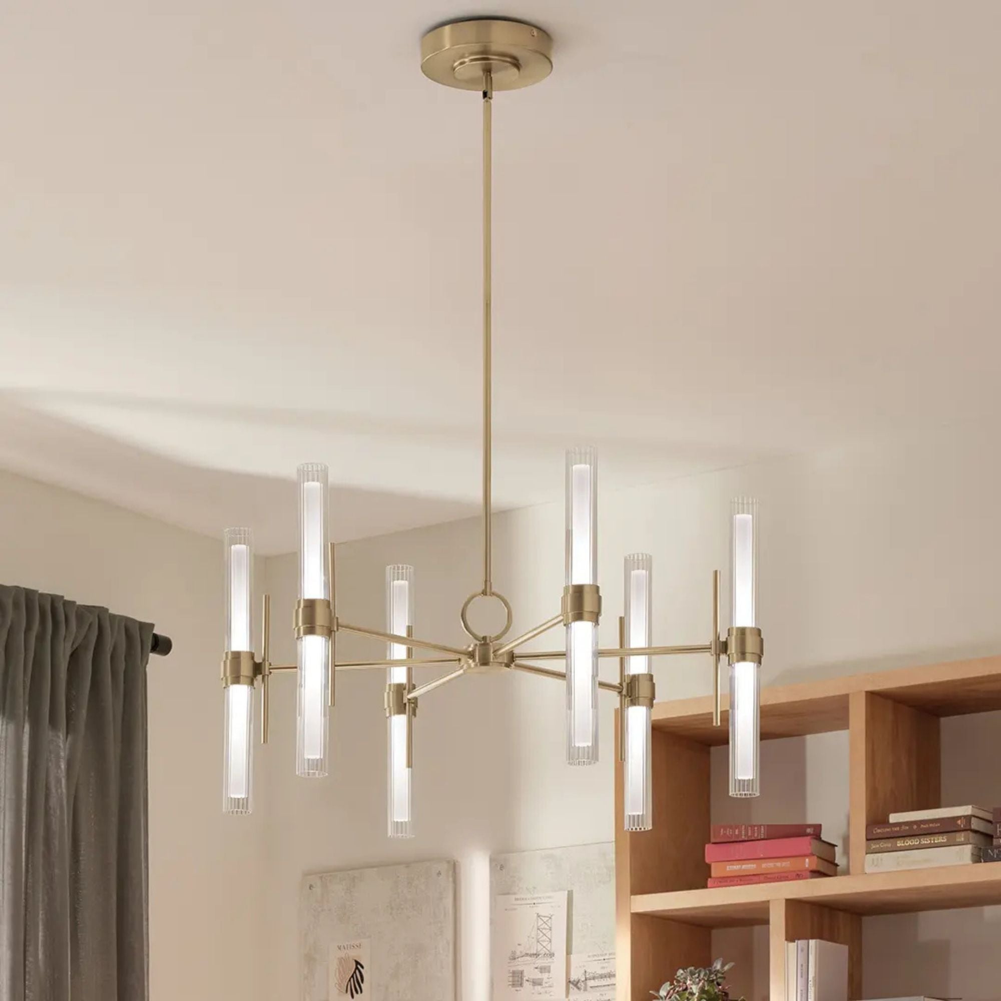 Kichler Riven 33 in. 12-Light Chandelier, Champagne Bronze with Clear Fluted Glass Cylinder Shade