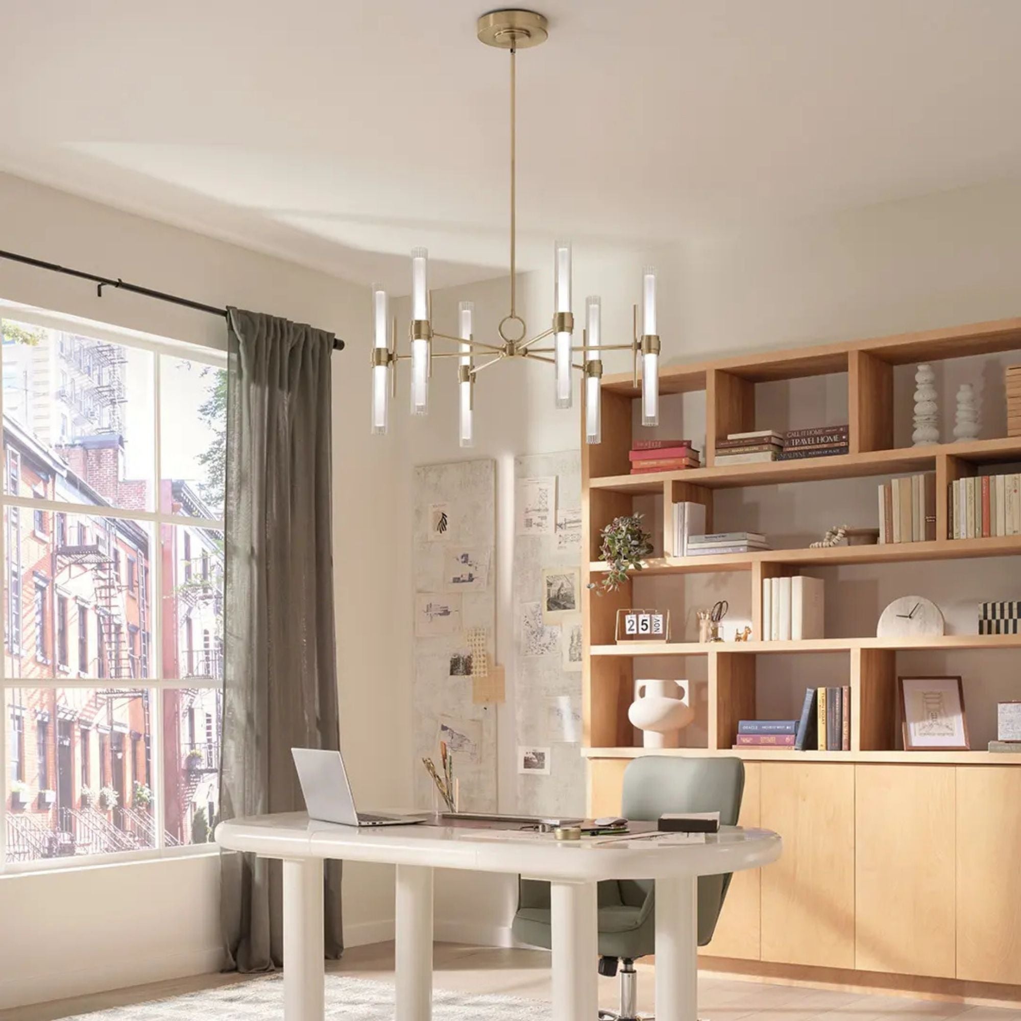 Kichler Riven 33 in. 12-Light Chandelier, Champagne Bronze with Clear Fluted Glass Cylinder Shade