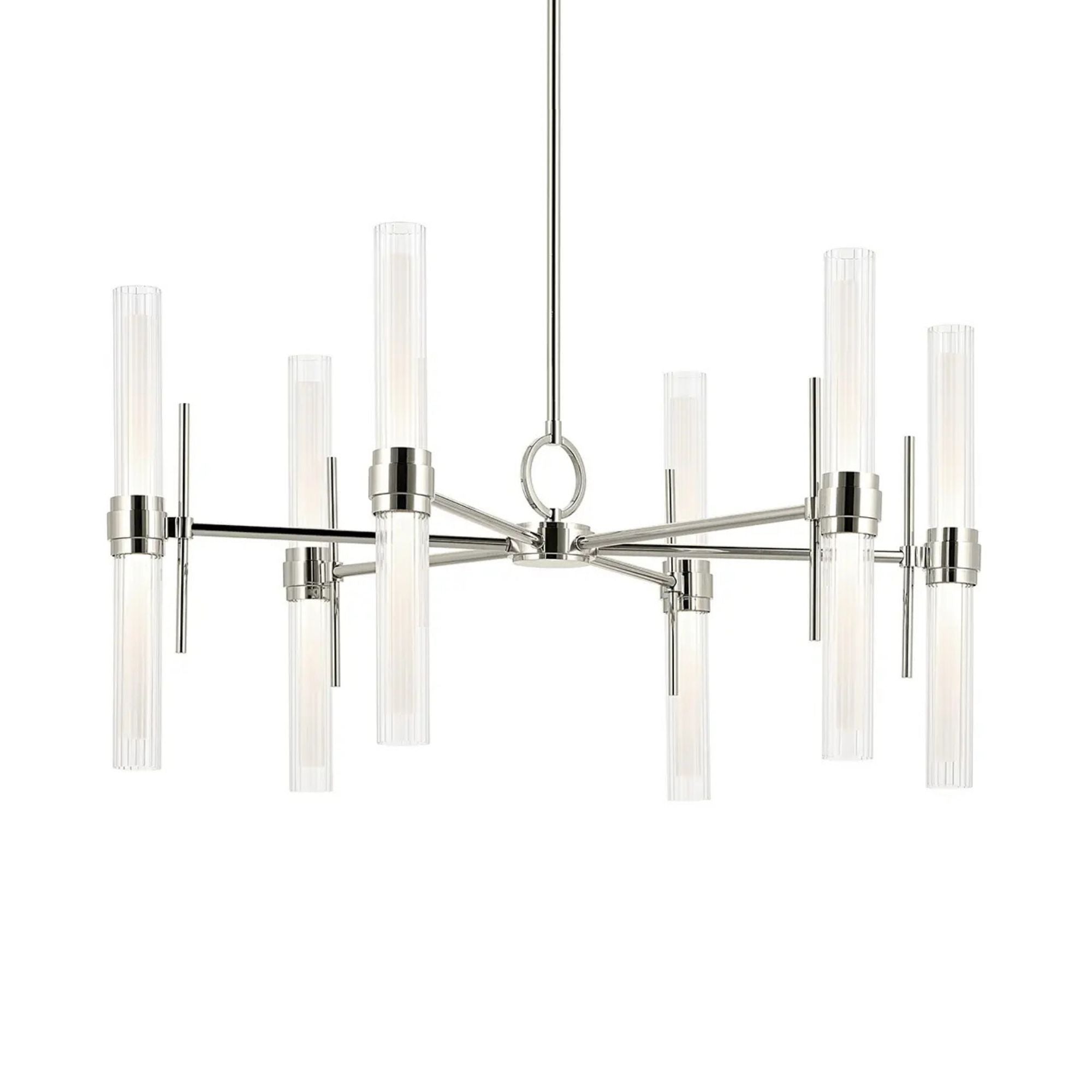 Kichler Riven 33 in. 12-Light Chandelier, Polished Nickel with Clear Fluted Glass Cylinder Shade
